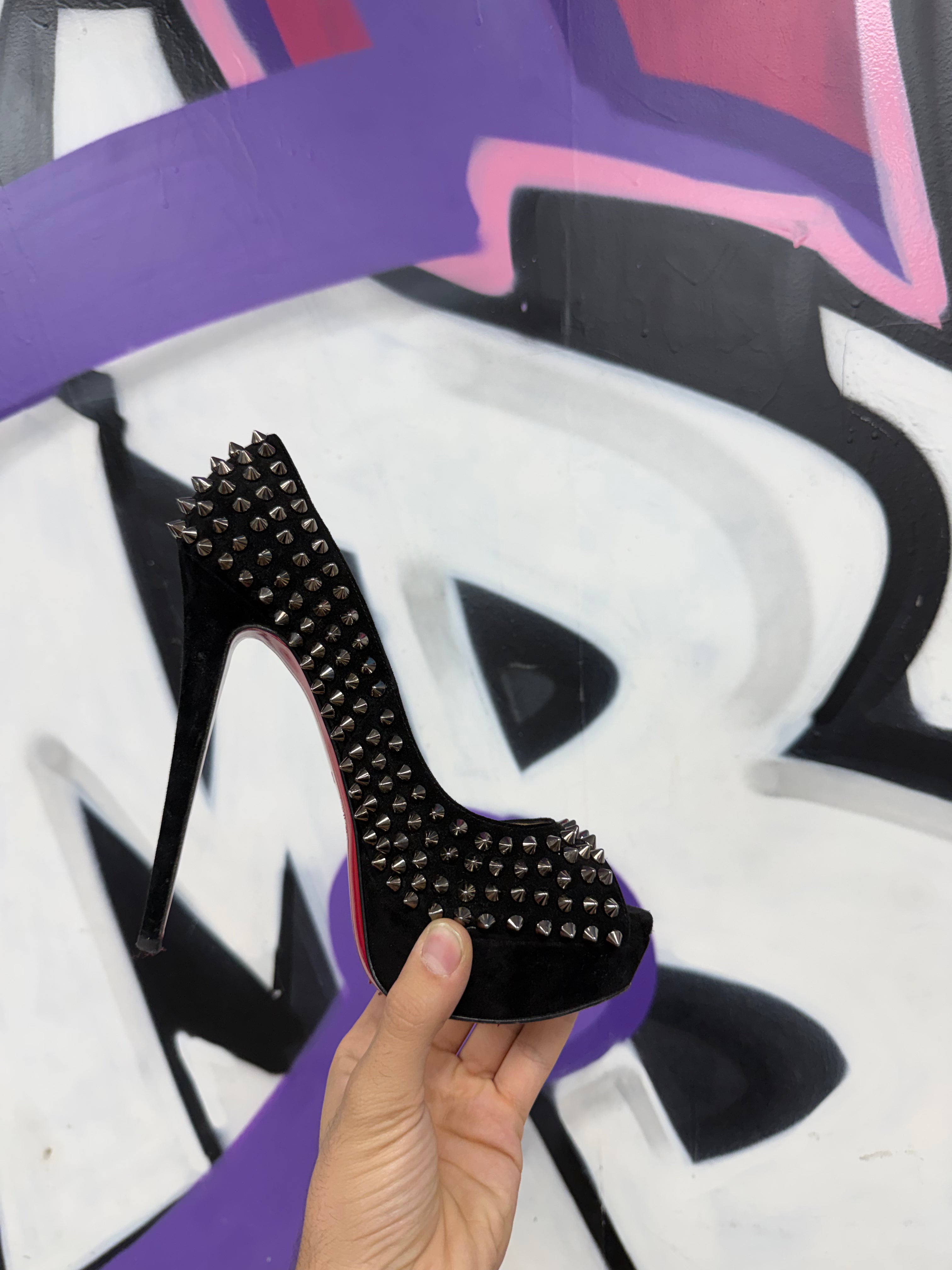Christian Louboutin Black Spiked Lady Peep Heels