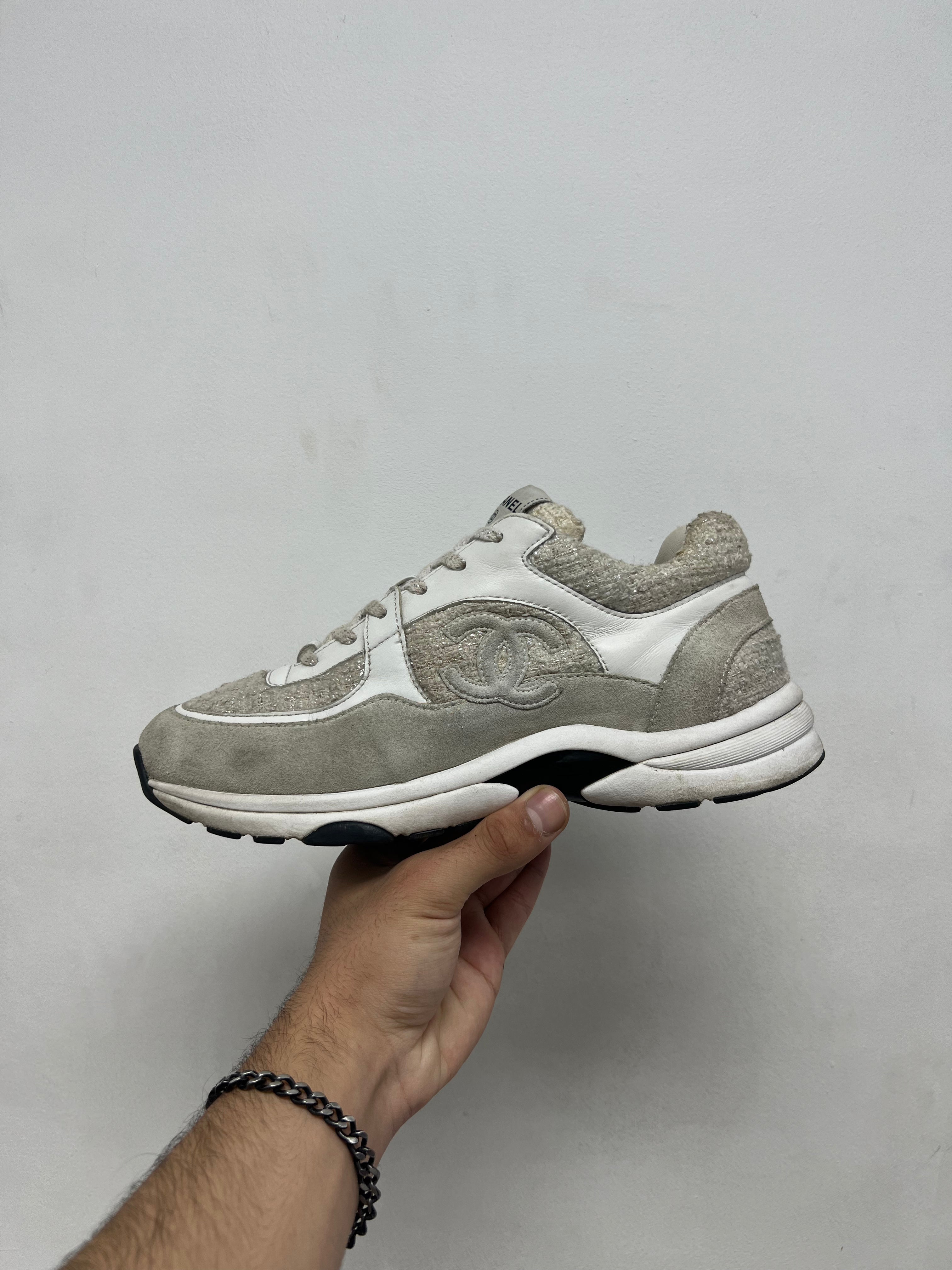 Chanel White Tweed CC Runner Sneakers