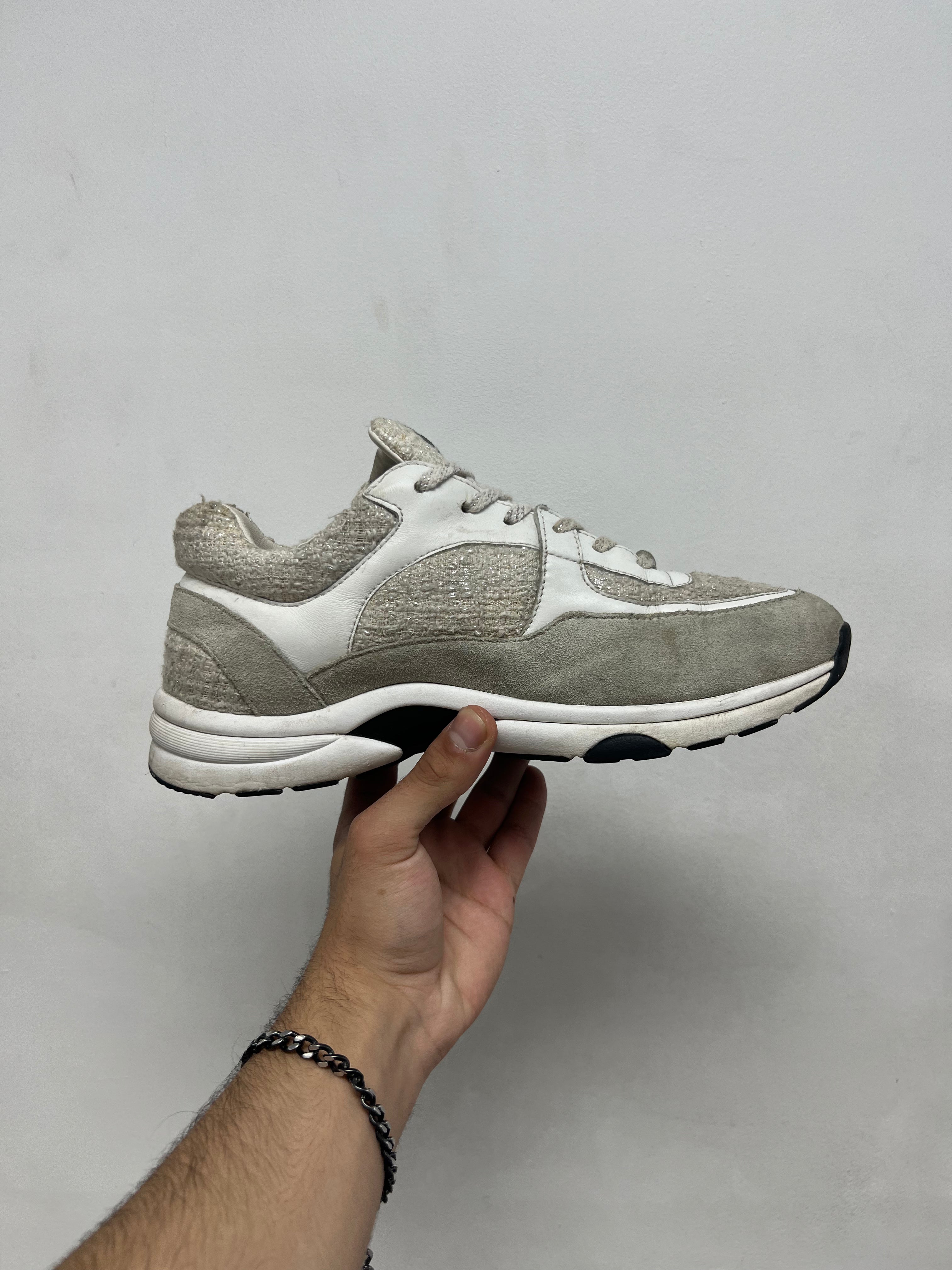 Chanel White Tweed CC Runner Sneakers