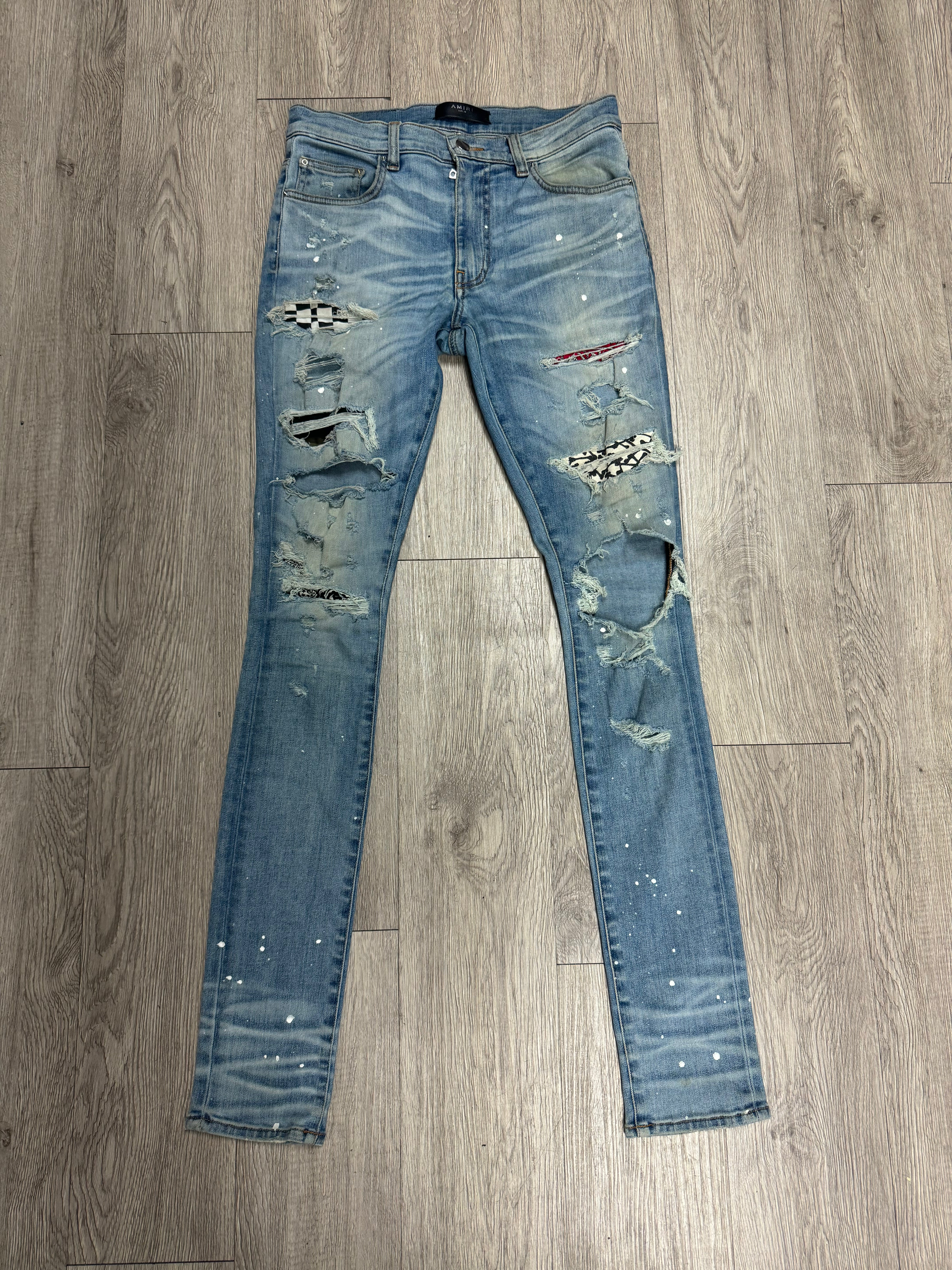 Amiri Light Wash Multi Patchwork (Fraying By Crotch) Jeans