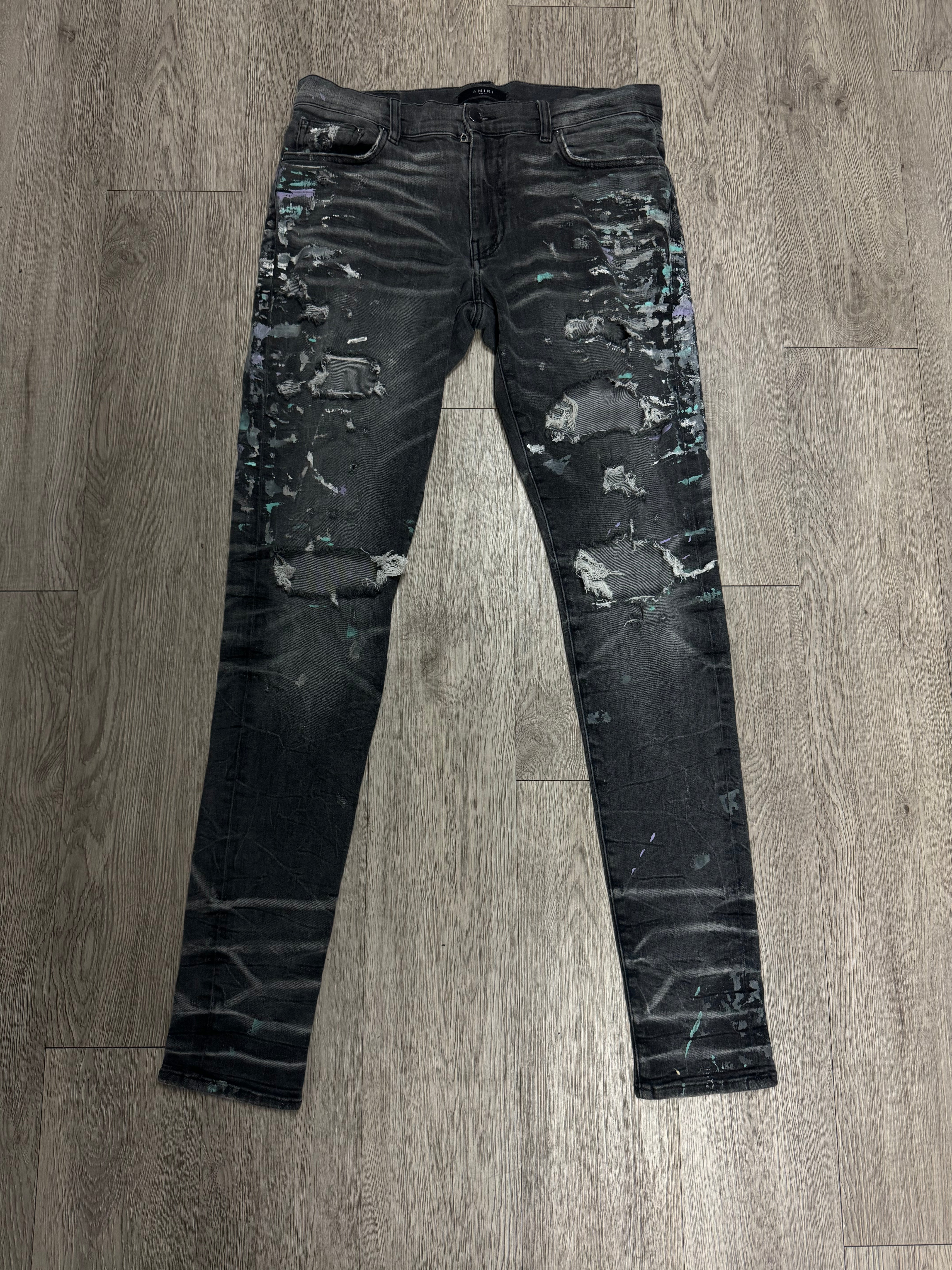 Amiri Black Wash White Teal Splatter Thrasher Jeans