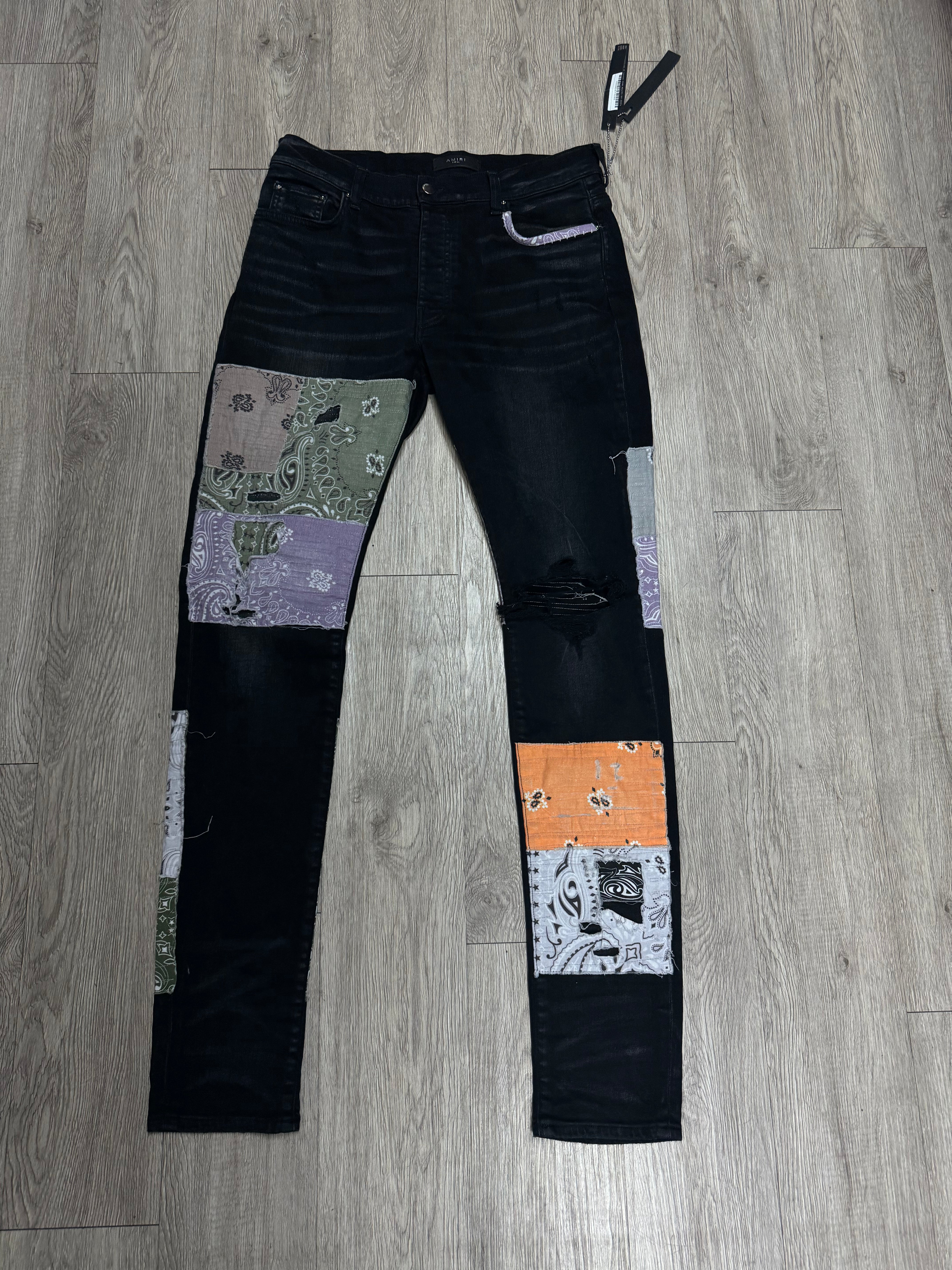 Amiri Black Wash Halloween Paisley Patchwork Jeans
