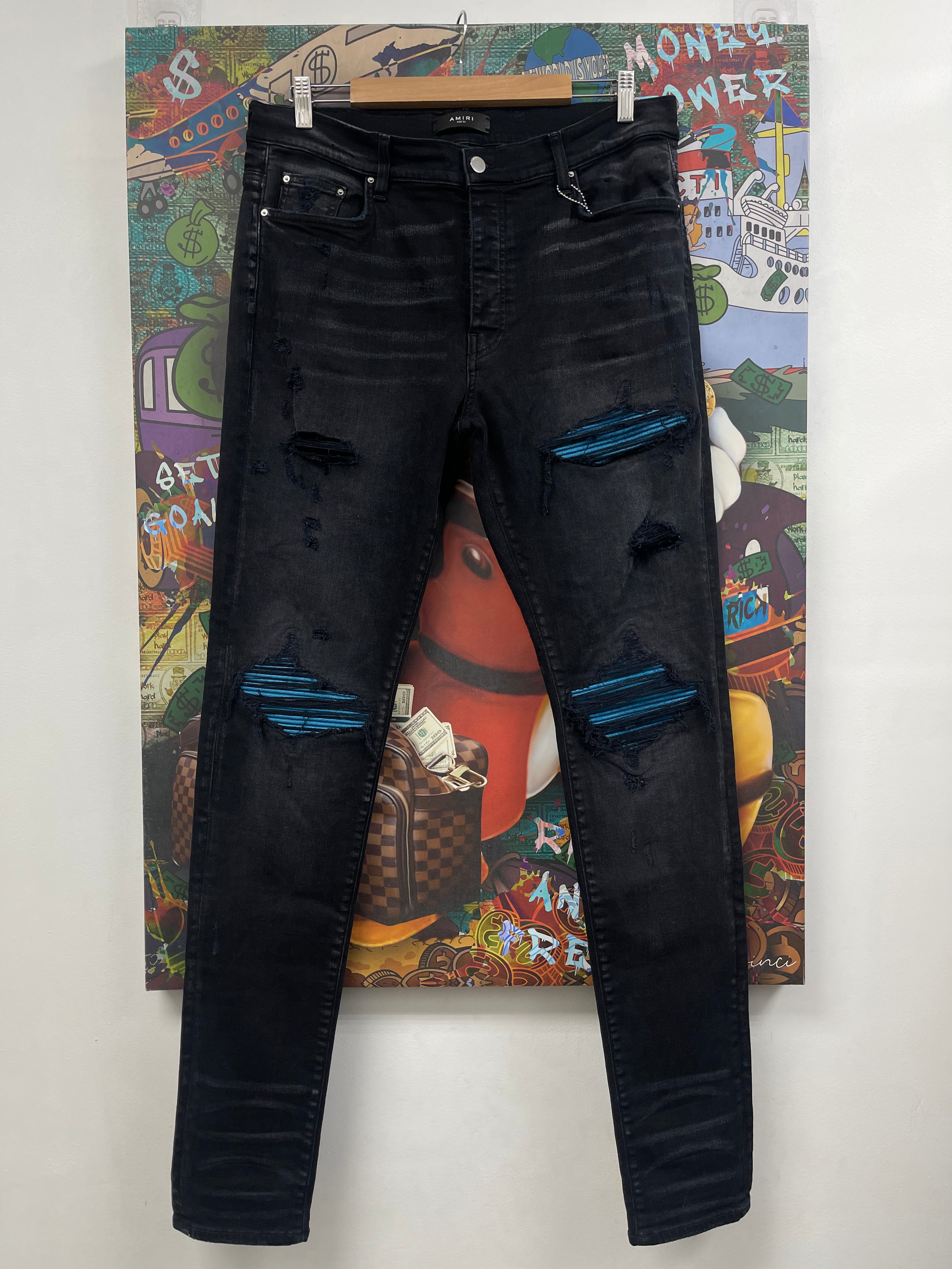 Amiri MX1 Black Blue Crackle Patch Jeans