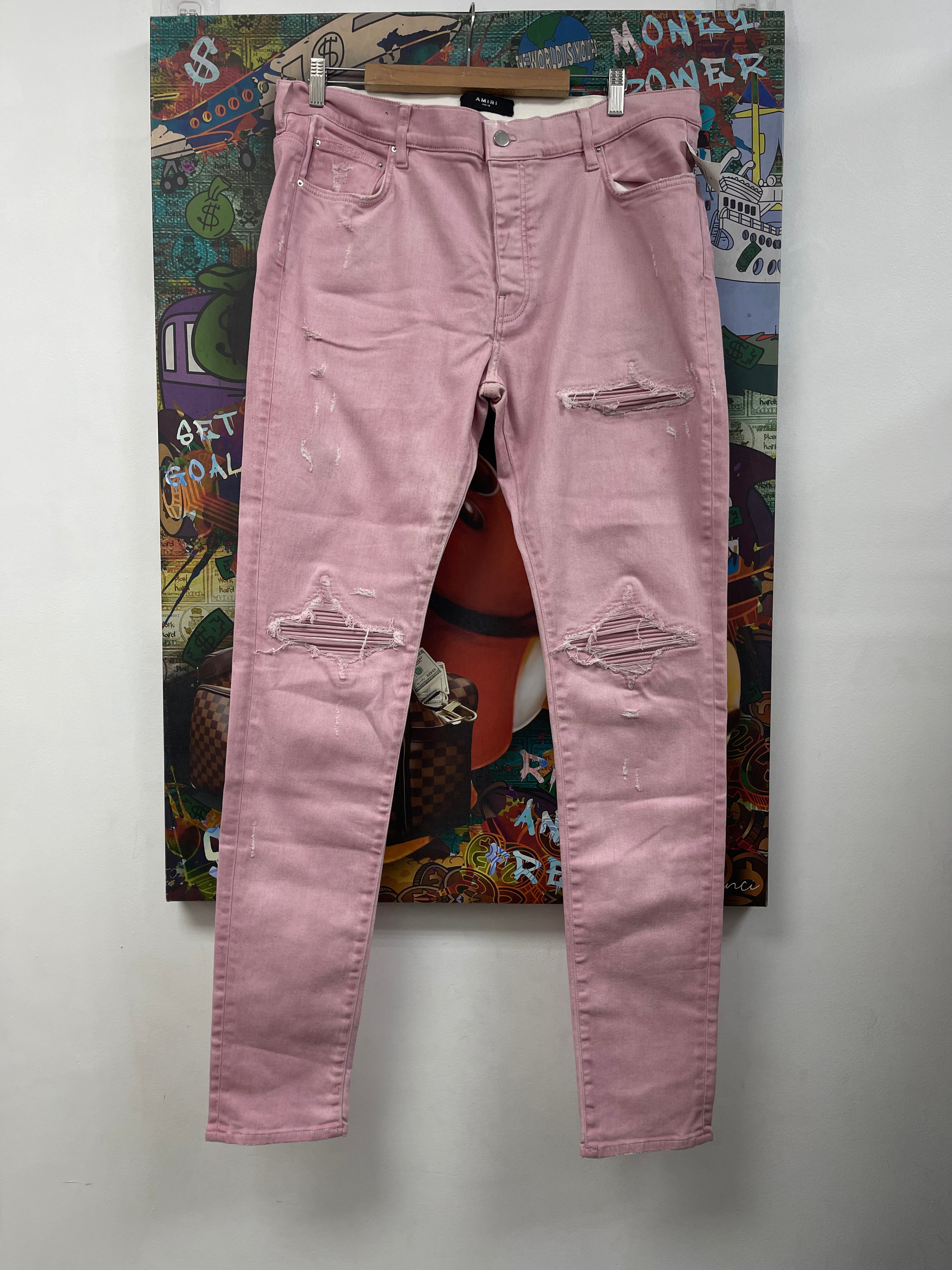 Amiri MX1 Sprayed Pink Leather Patch Jeans