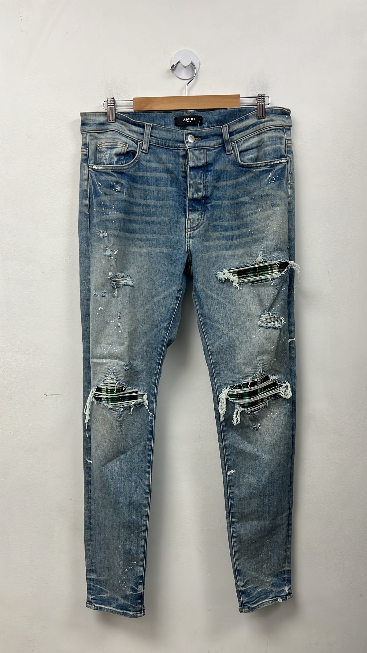 Amiri MX1 Light Wash Green Plaid Patch Jeans