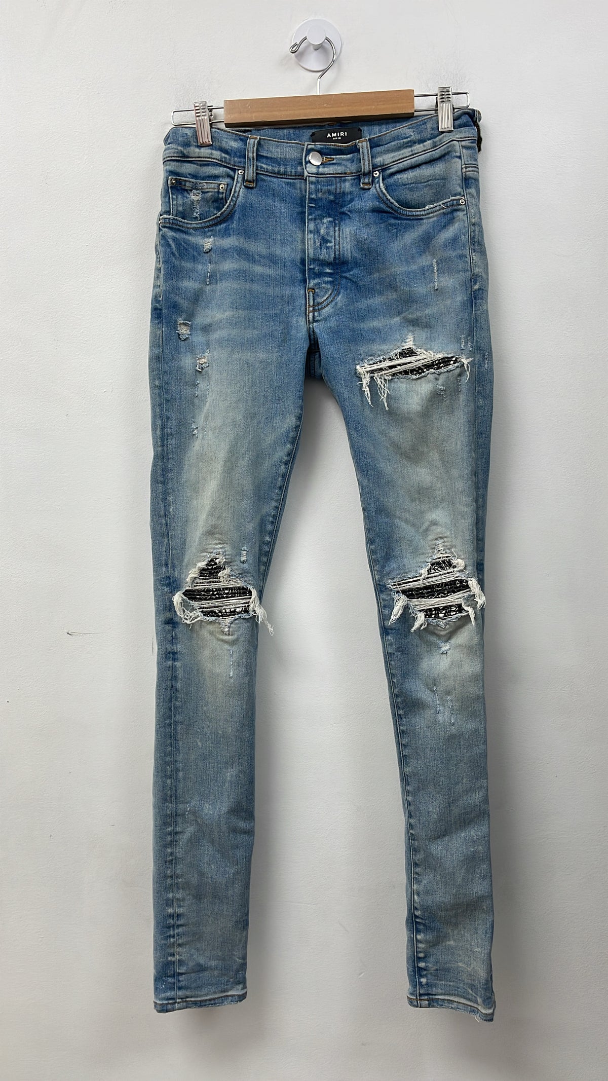 Amiri MX1 Light Wash Black Paisley Patch Jeans