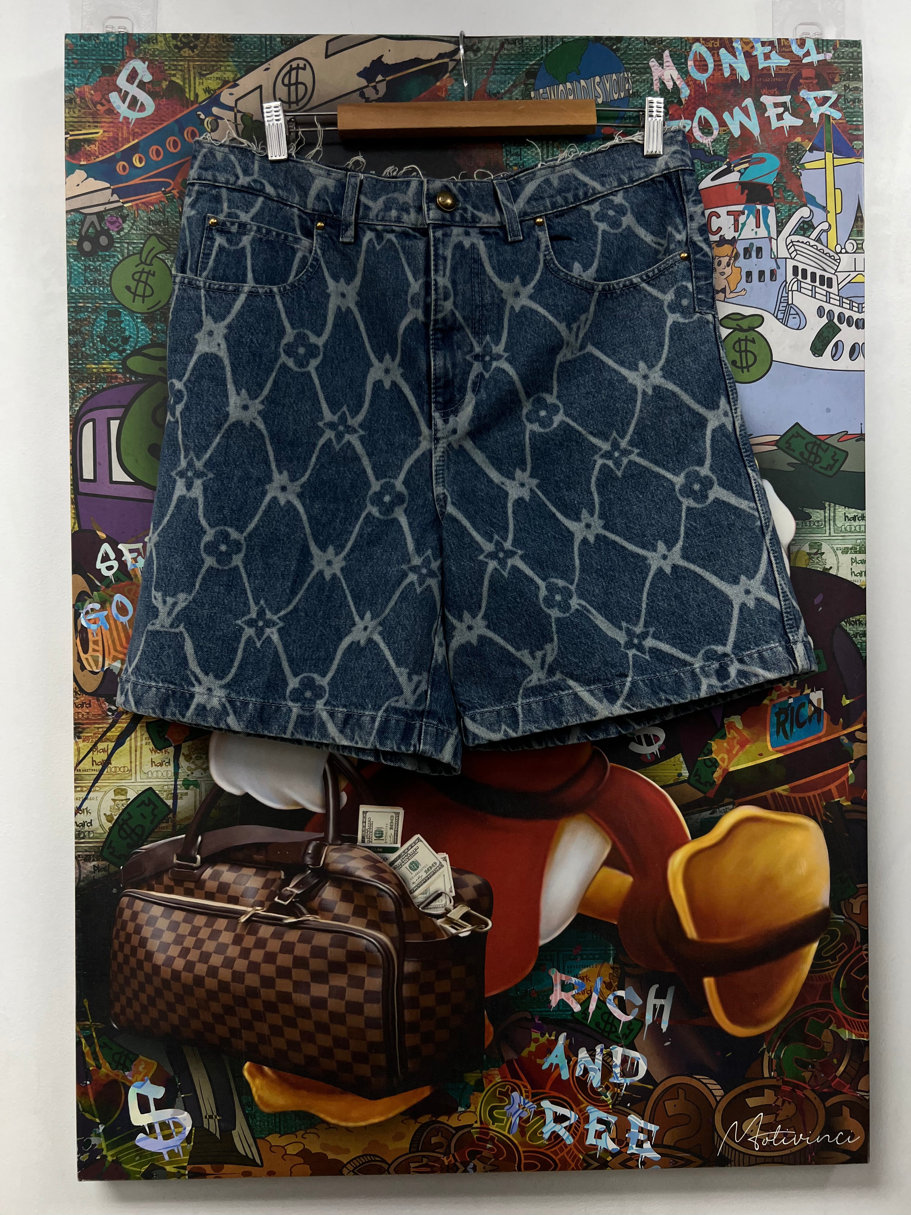 Louis Vuitton Light Wash Fishnet Jean Shorts