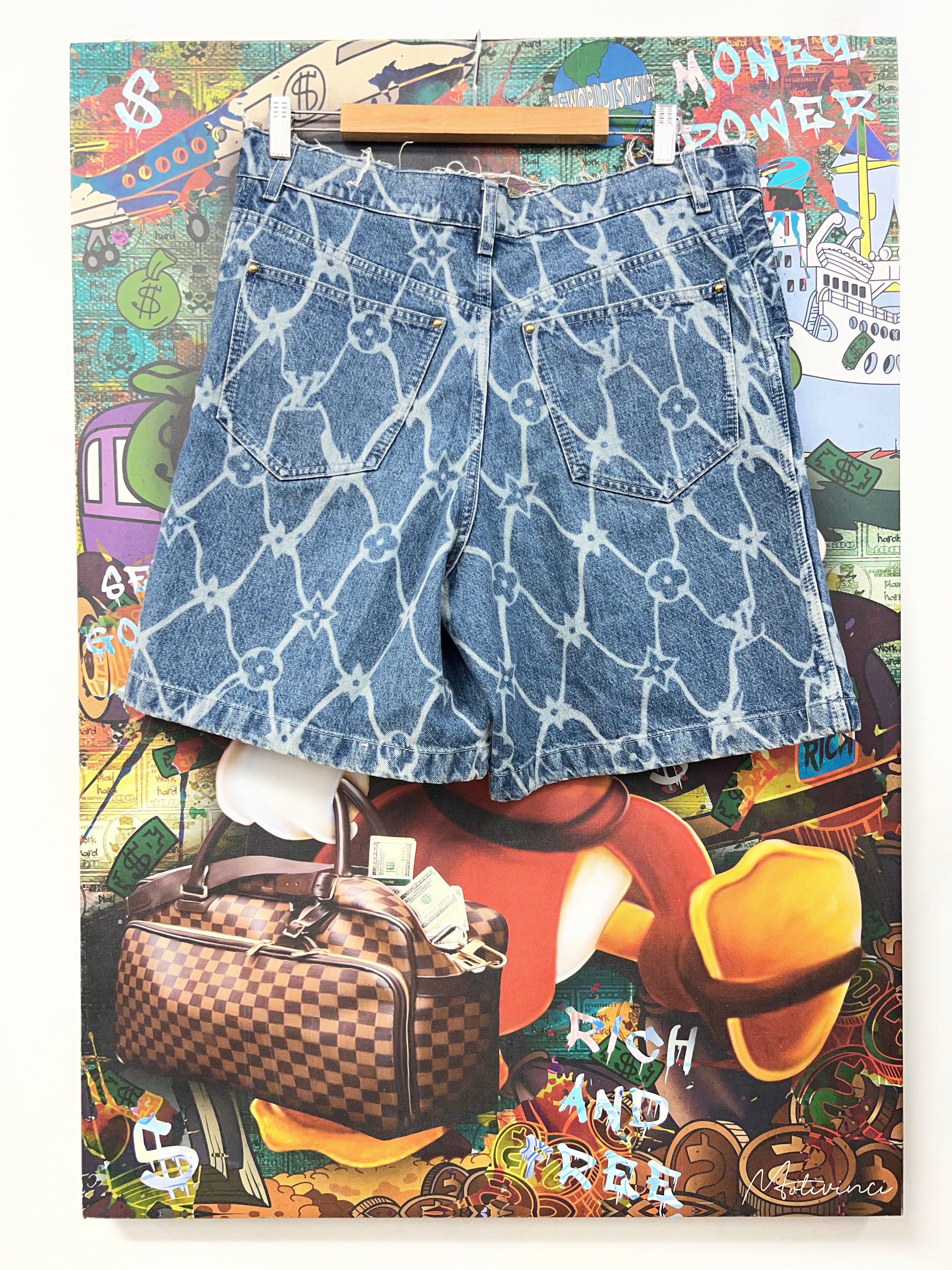 Louis Vuitton Light Wash Fishnet Jean Shorts