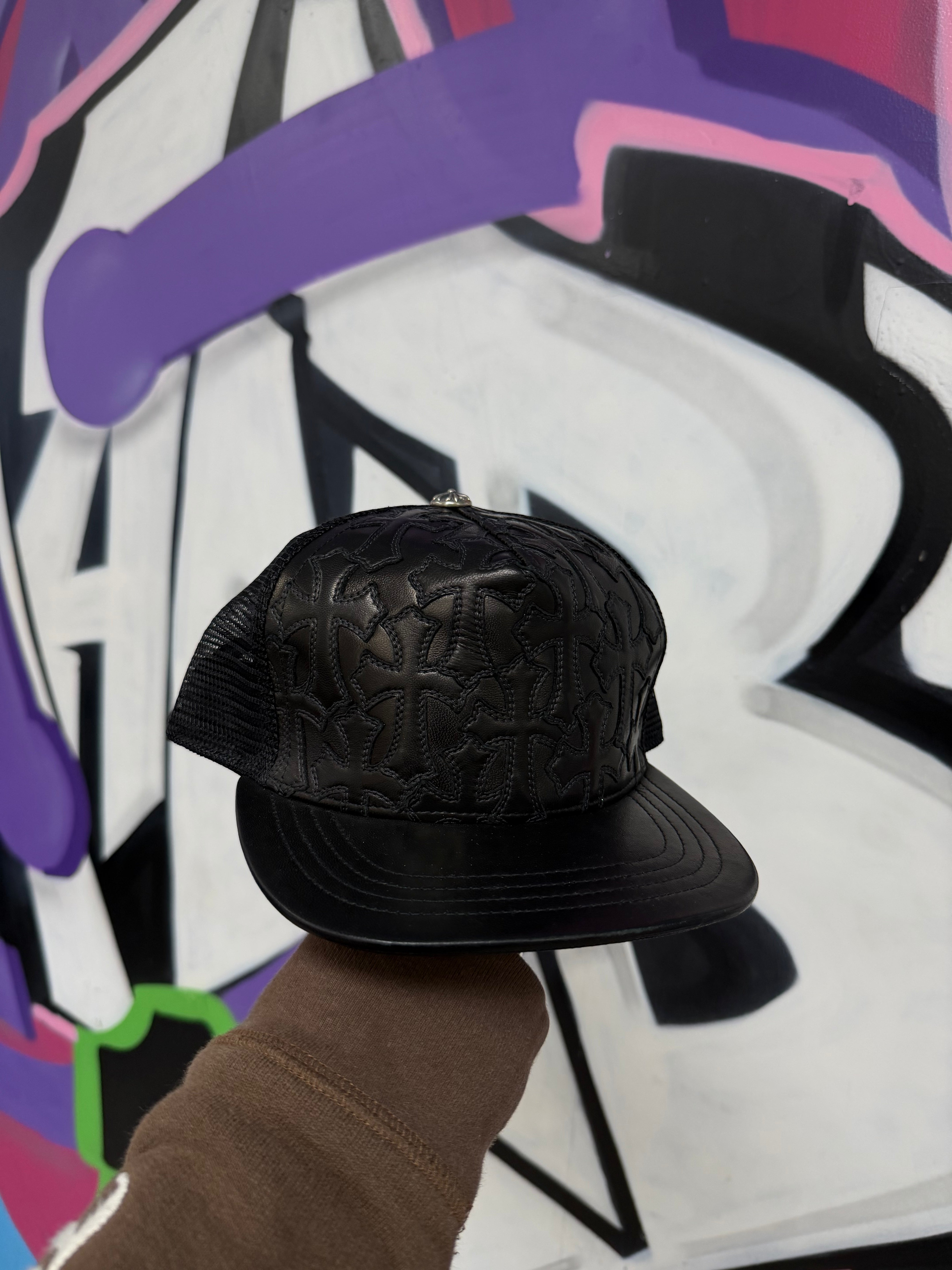 Chrome Hearts Black Cemetery Flooded Leather Trucker Cap