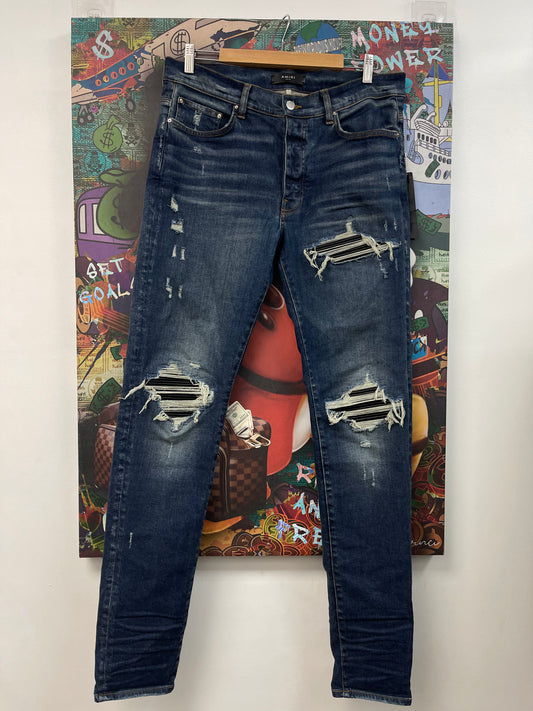 Amiri MX1 Dark Wash Black Patch Jeans