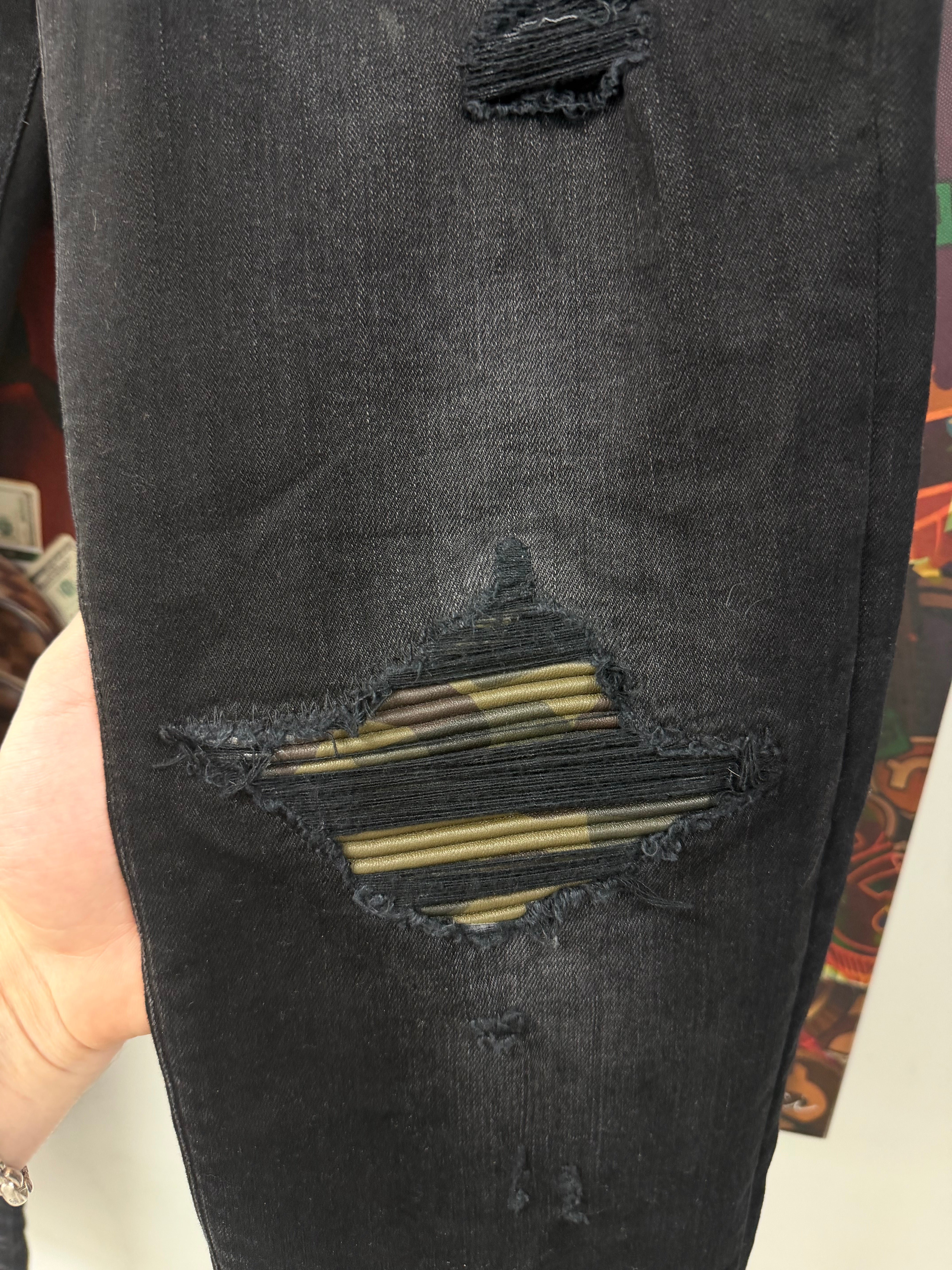 Amiri MX1 Black Wash Camo Leather Patch Jeans