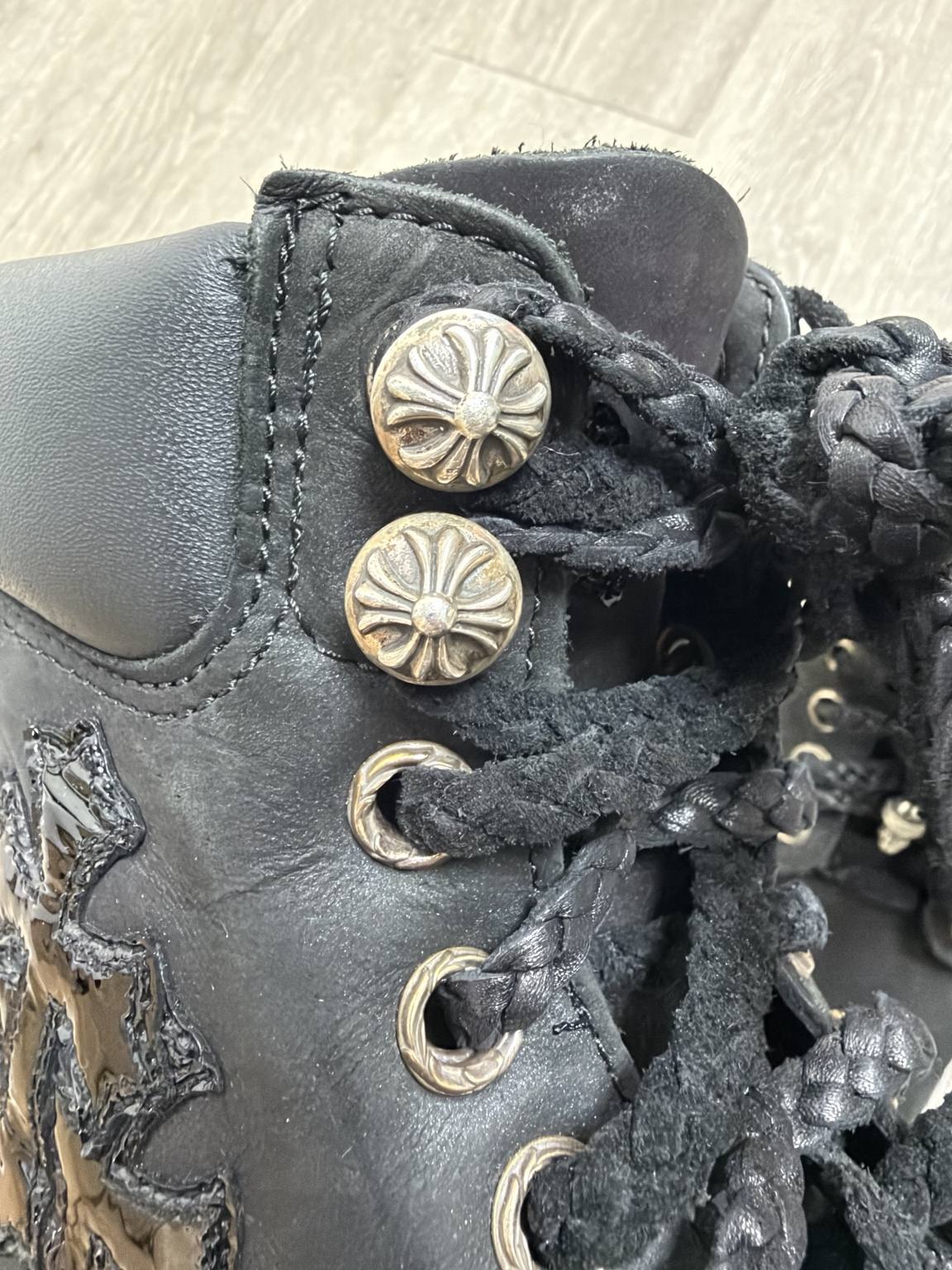 Chrome Hearts Black Patent Leather Cross Patch Timberland Boots