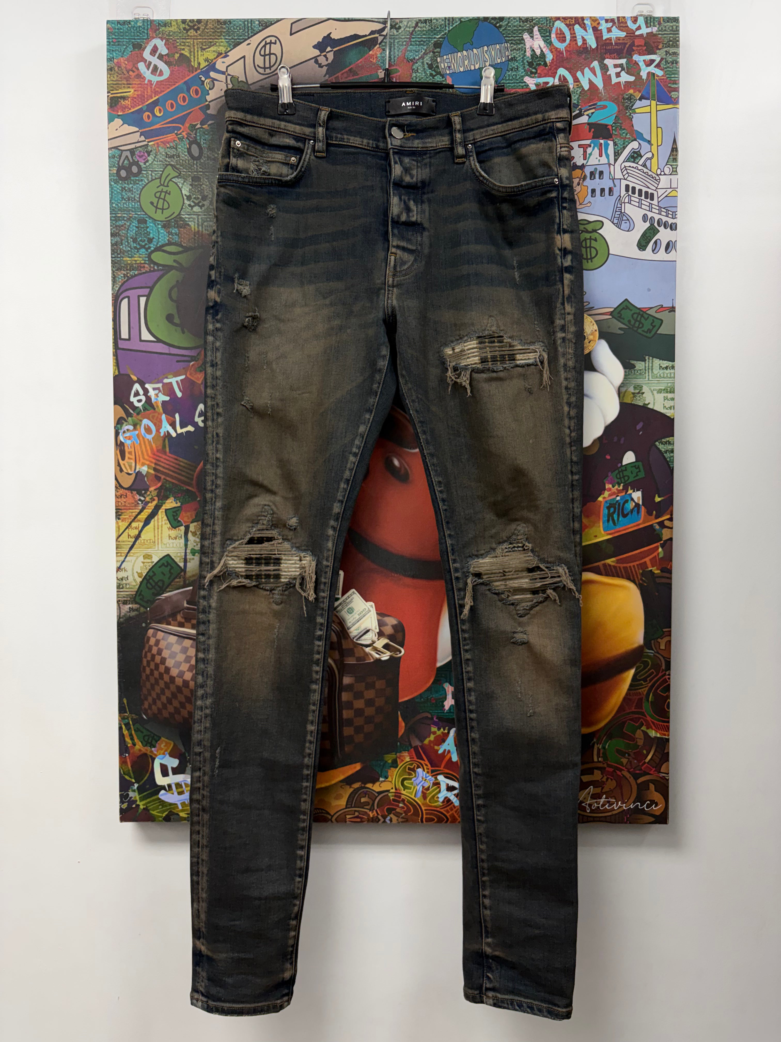 Amiri MX1 Dark Indigo Wool Plaid Patch Jeans