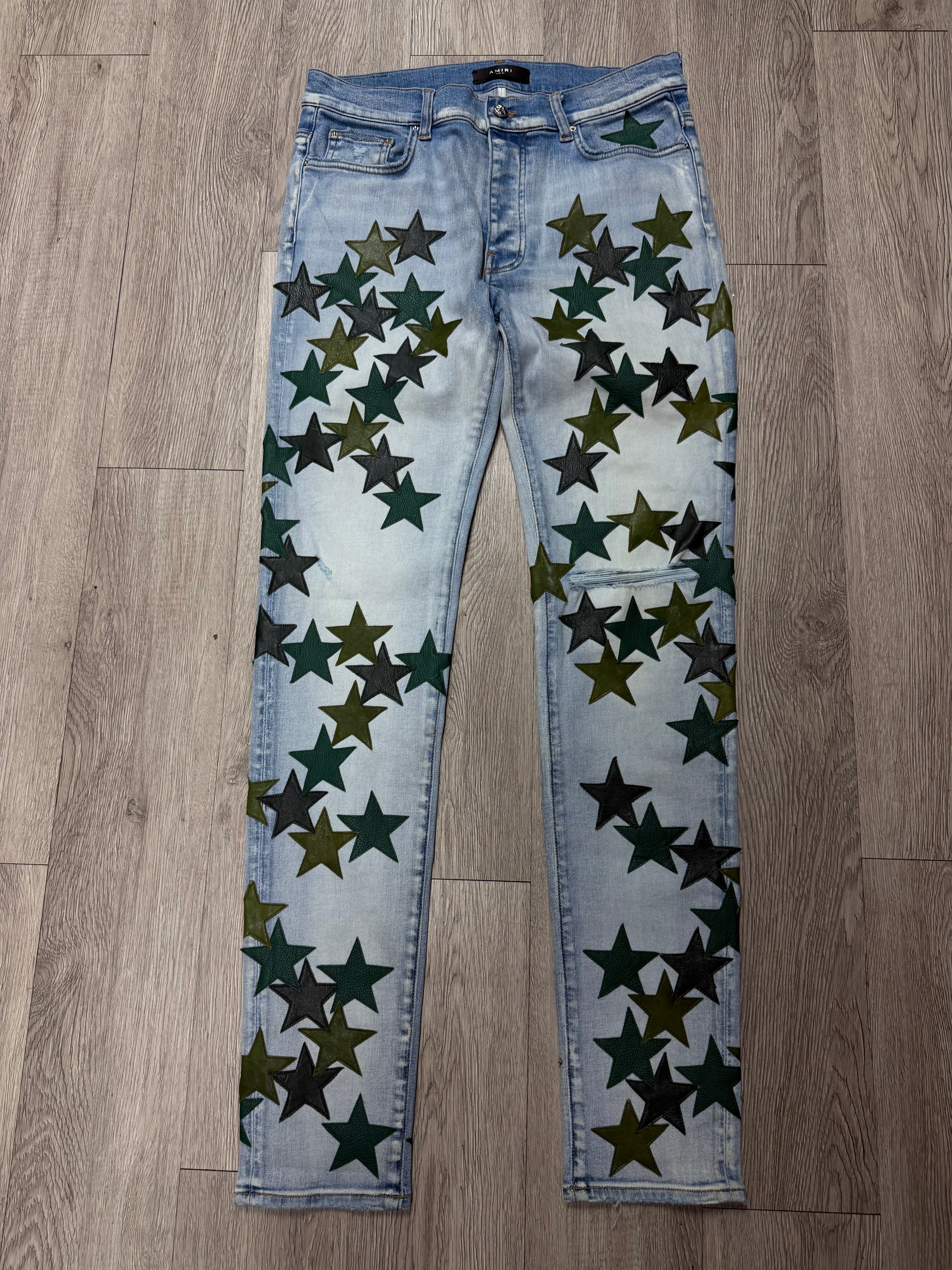 Amiri Light Wash Chemist Green Stars Jeans