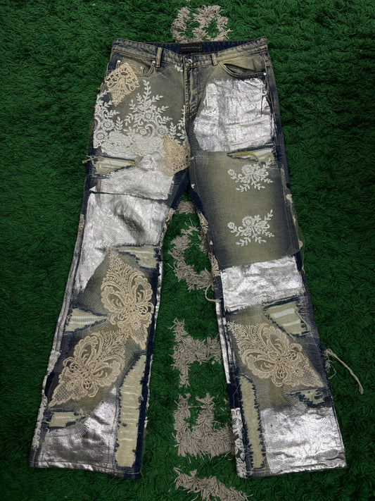 WDW Silver Foil Floral Jeans  New 36 With Tags