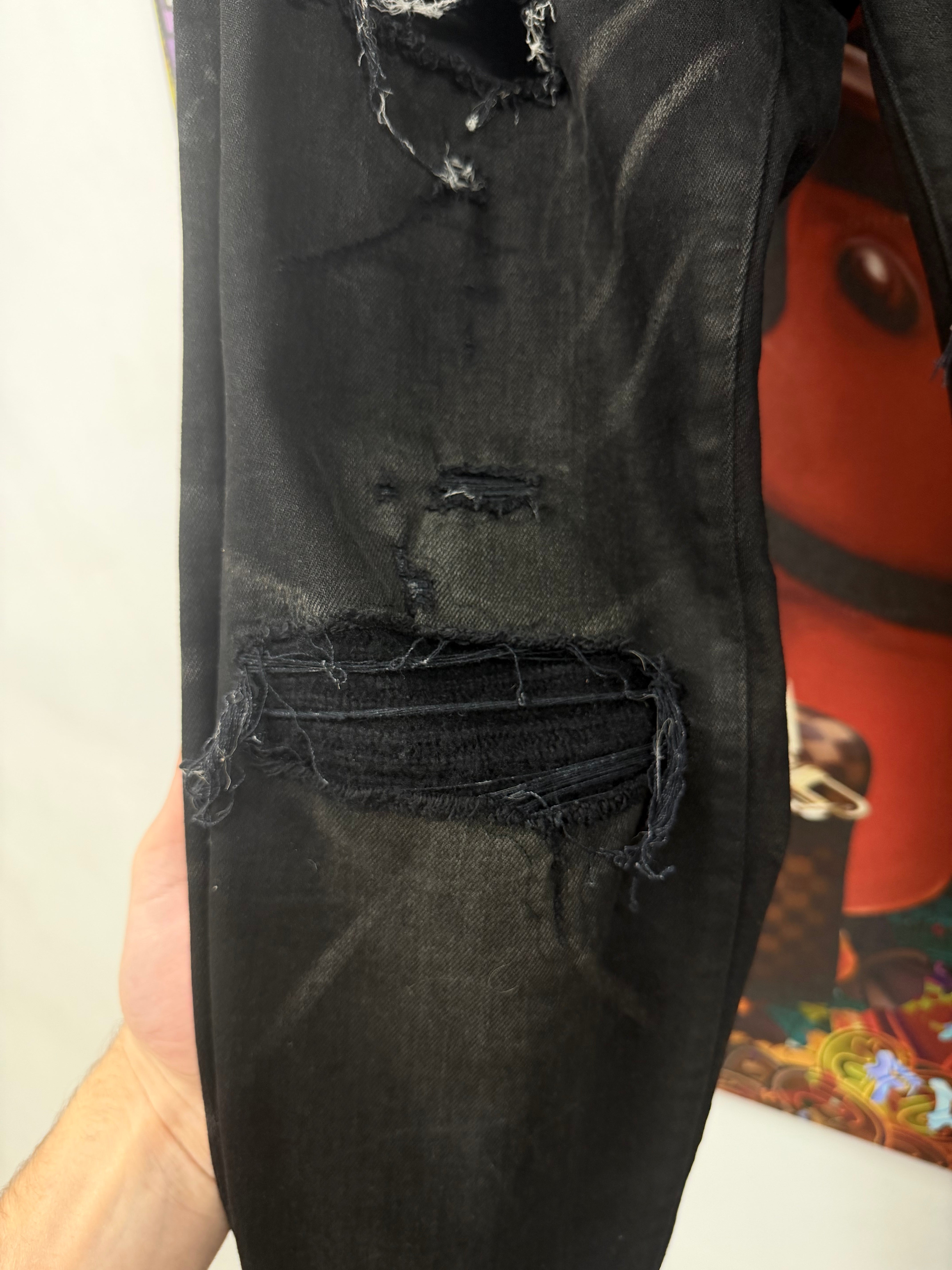 Amiri MX1 Black Wash Wool Distressed Patch Jeans