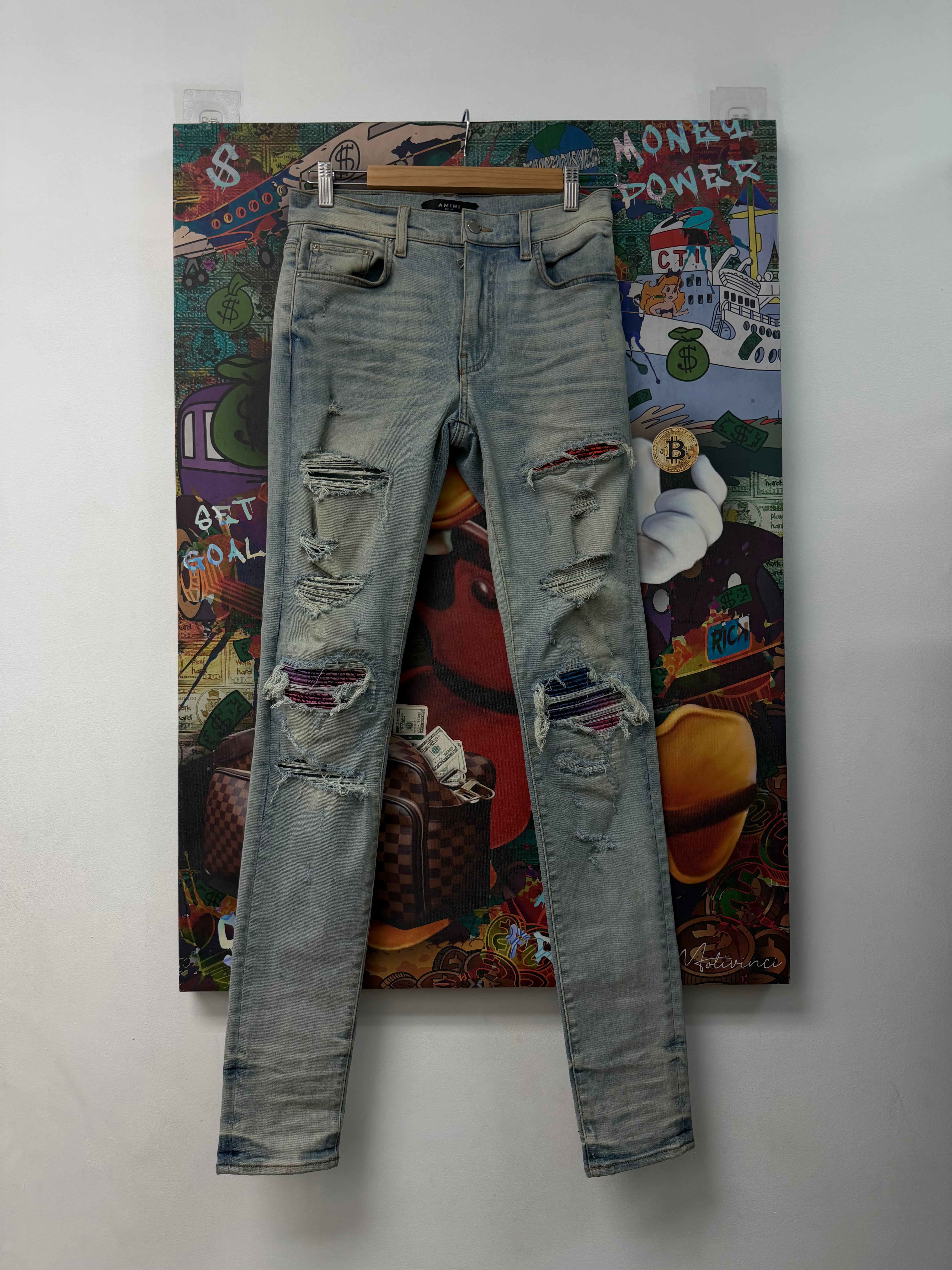 Amiri MX1 Light Wash Multi Color Paisley Patch Jeans
