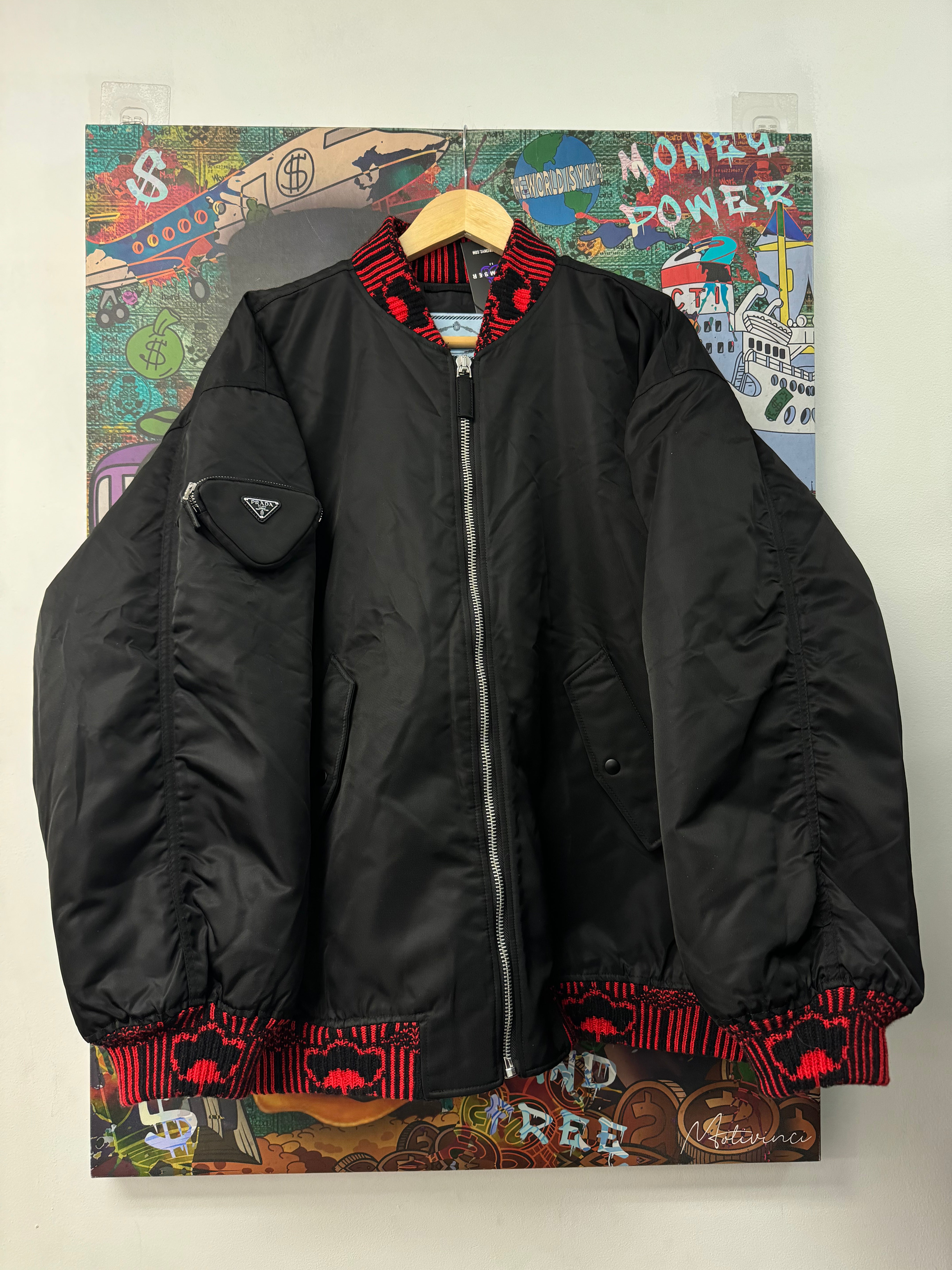 Prada Raf Simmons Black Red Nylon Bomber Jacket