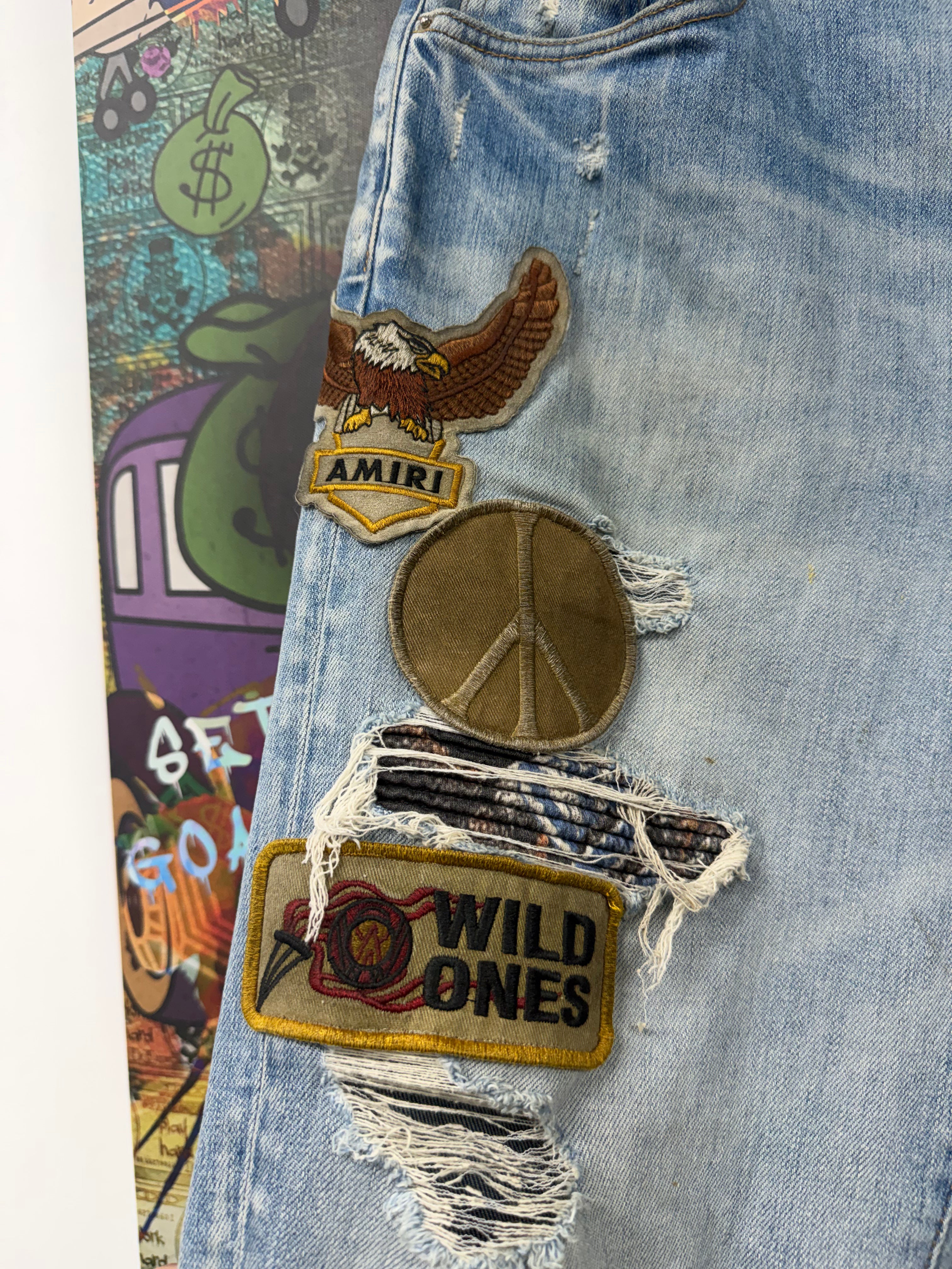 Amiri Light Wash Eagle Biker Patch Jeans
