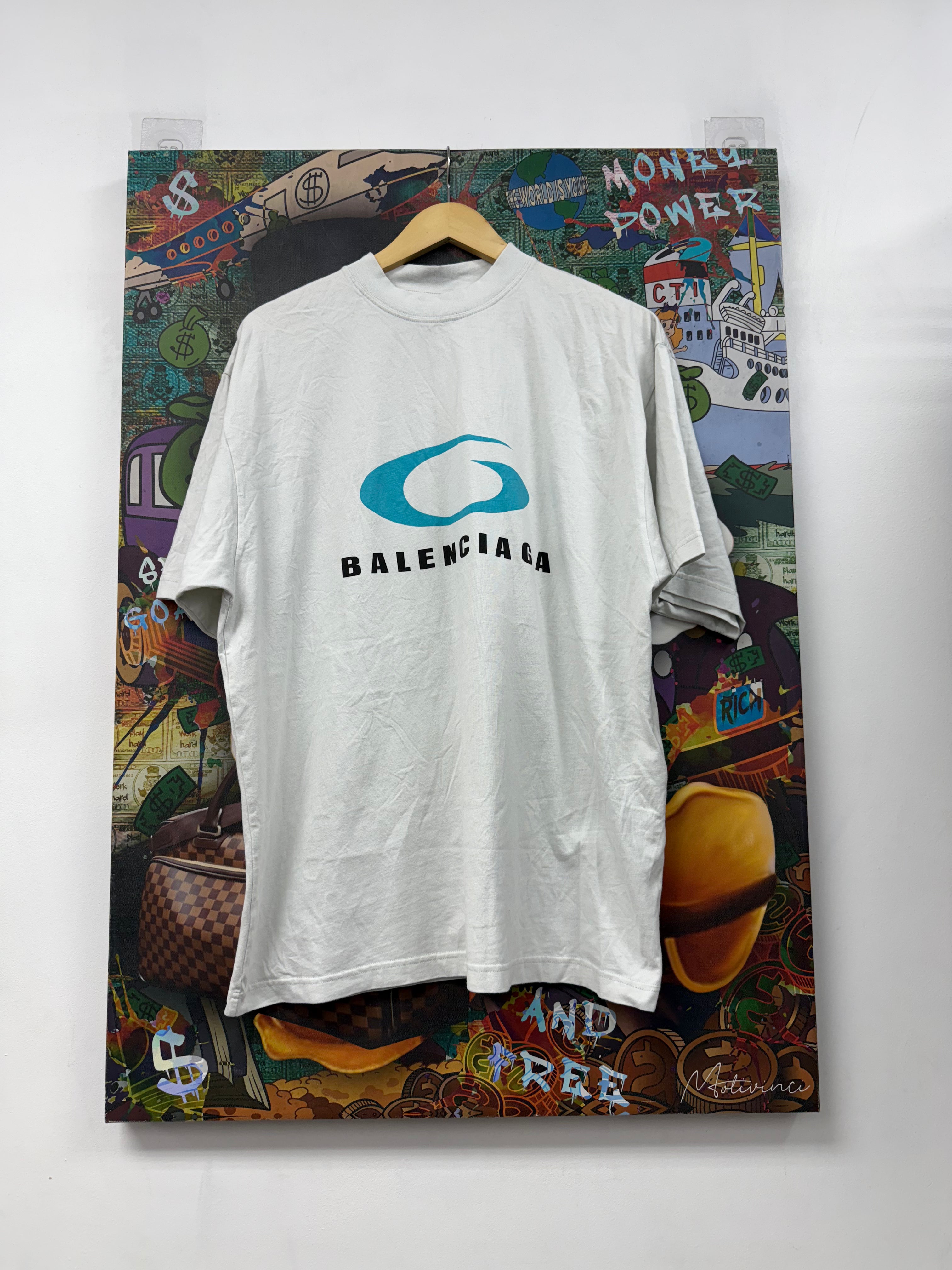 Balenciaga White Teal Surfer Logo Tee