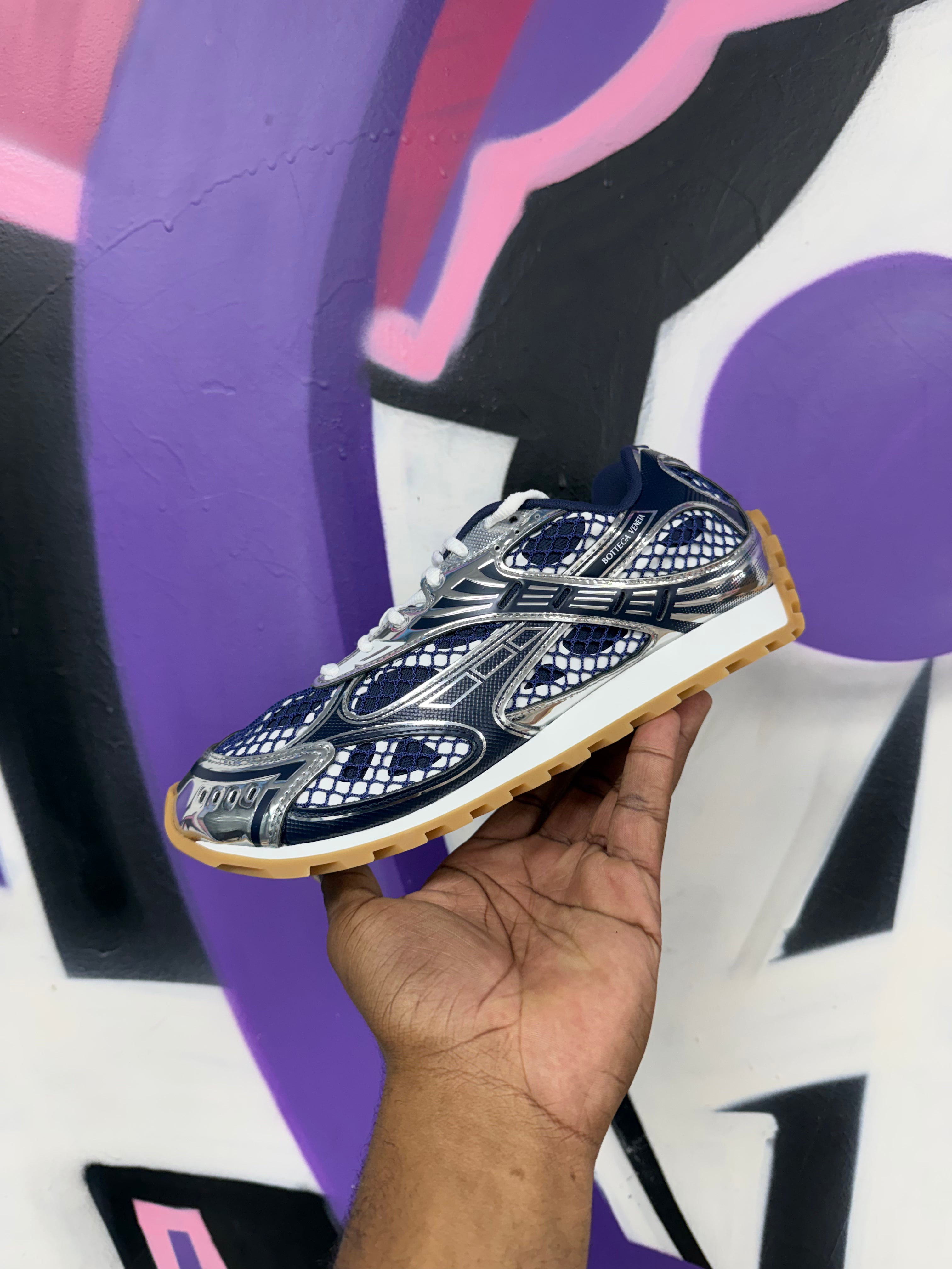 Bottega Veneta Navy Silver Orbit Sneakers