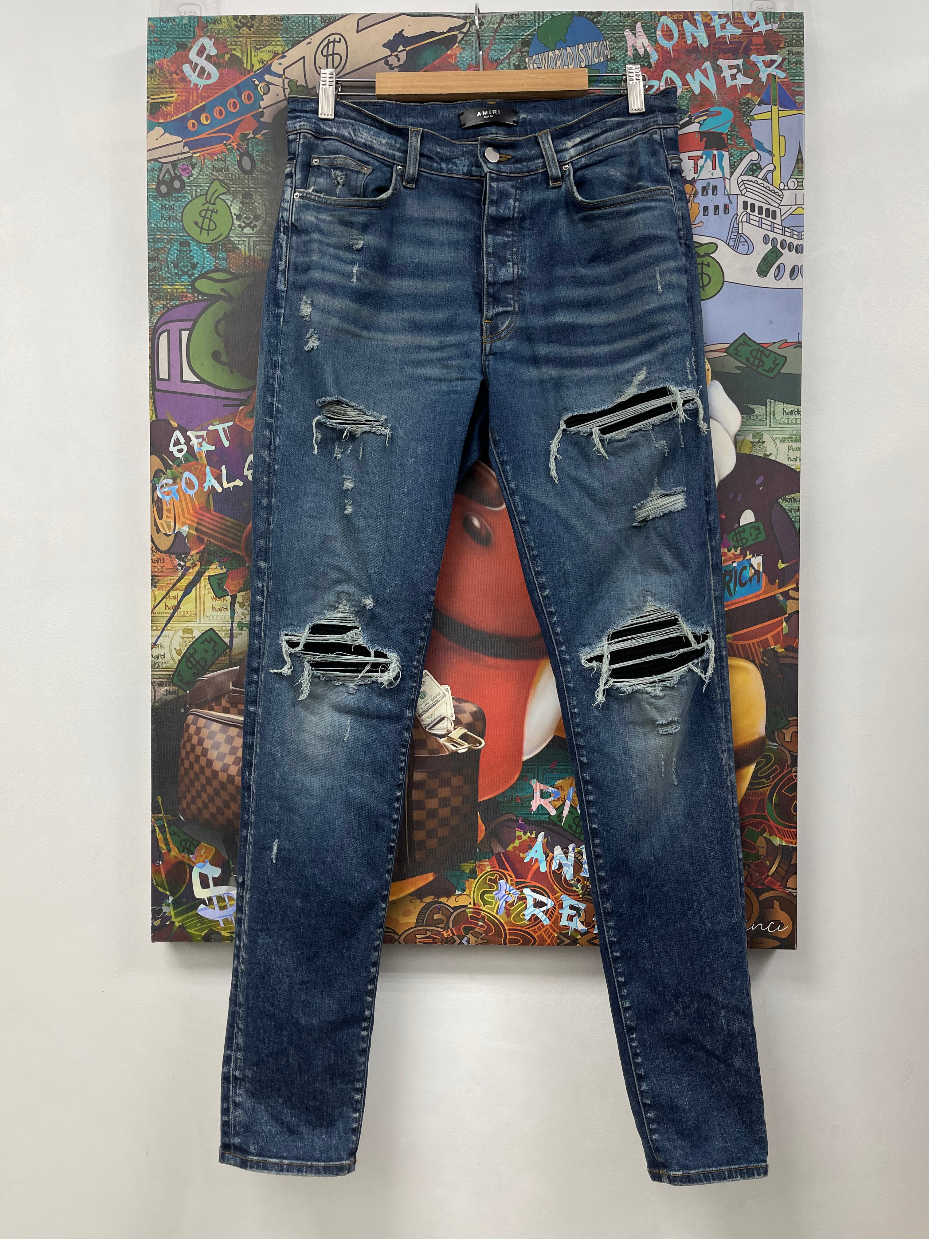 Amiri MX1 Dark Wash Black Suede Patch Jeans