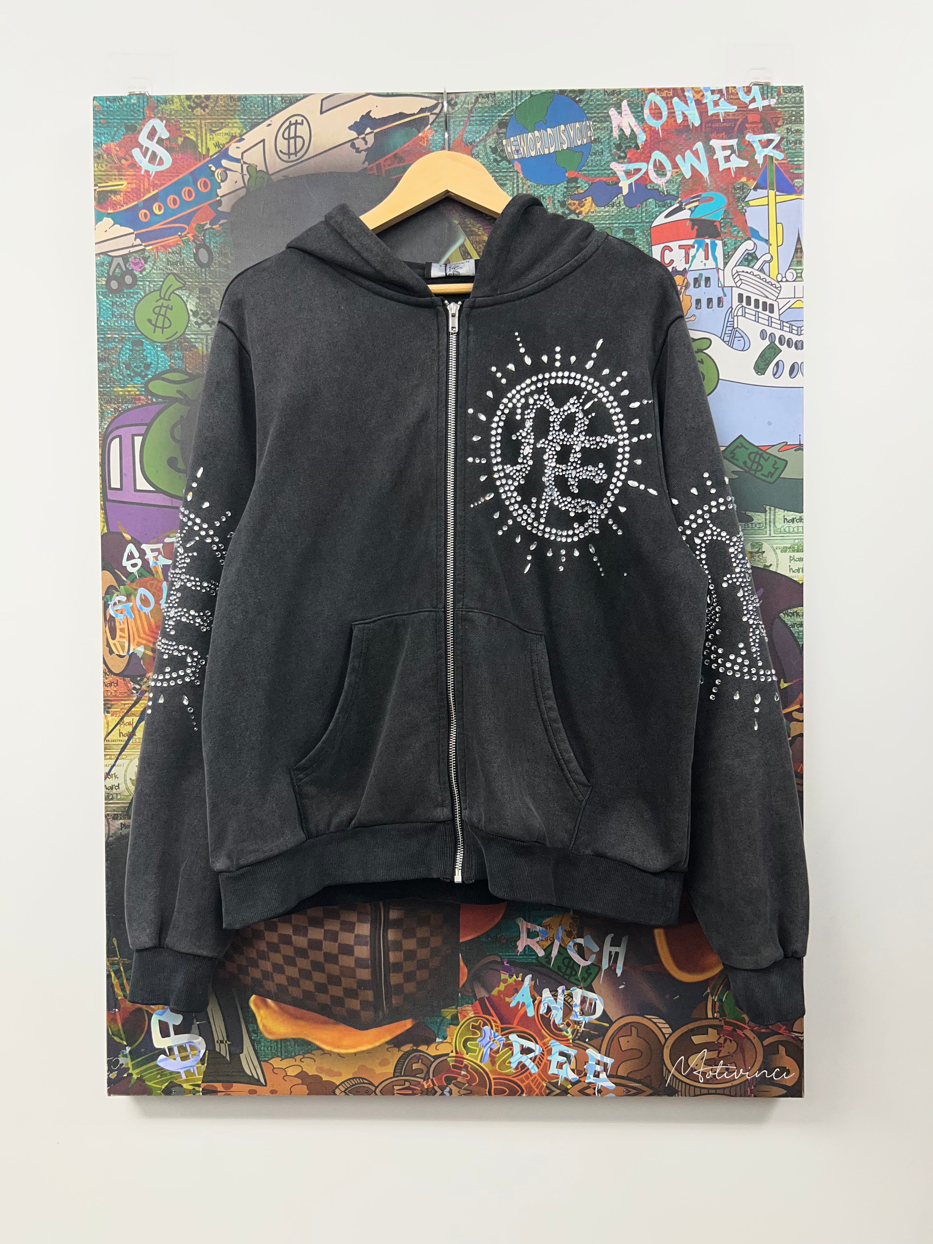 Mixed Emotions Black Wash ME Rhinestone Zip Up