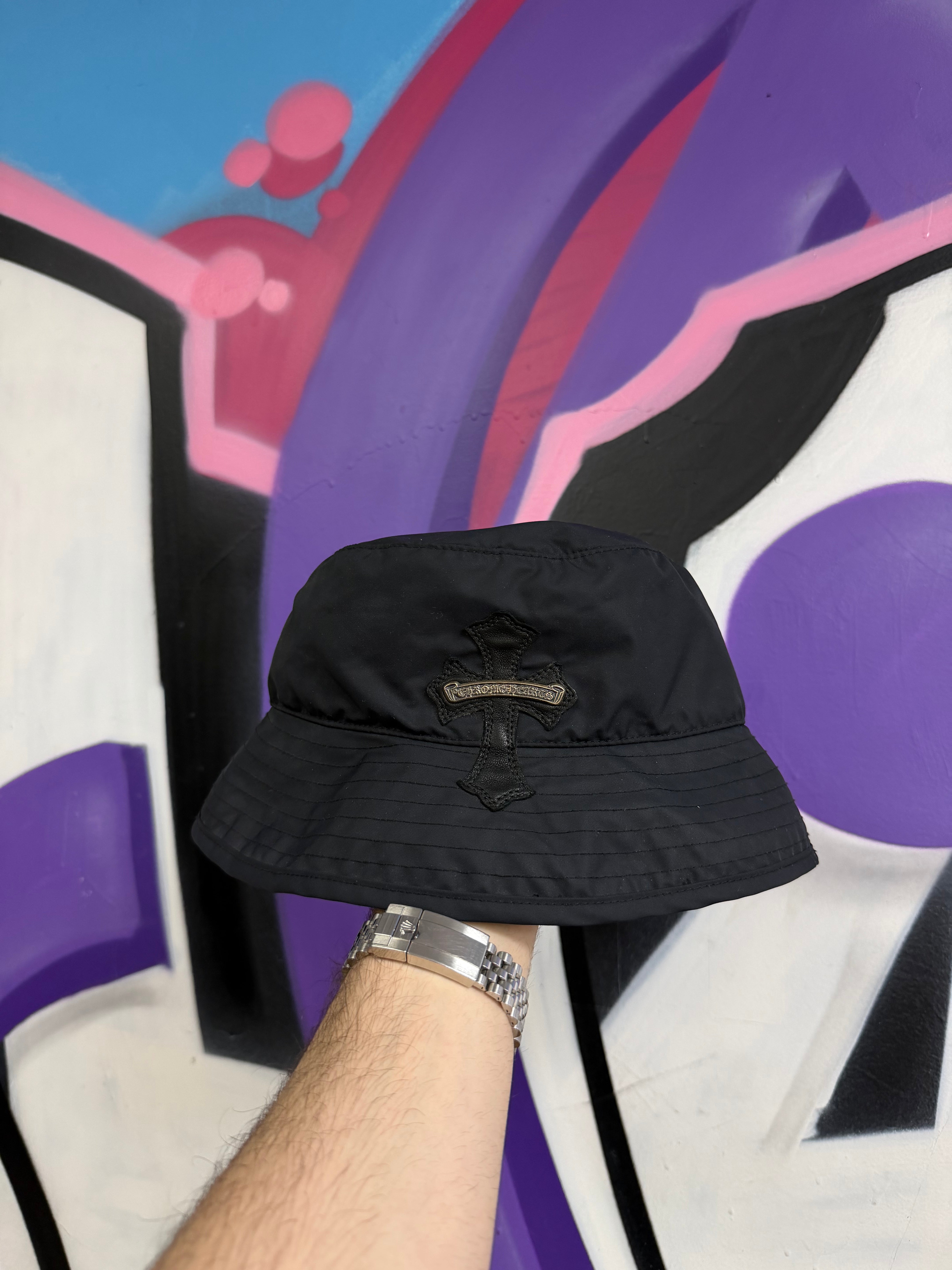 Chrome Hearts Navy Nylon Leather Patch Bucket Hat
