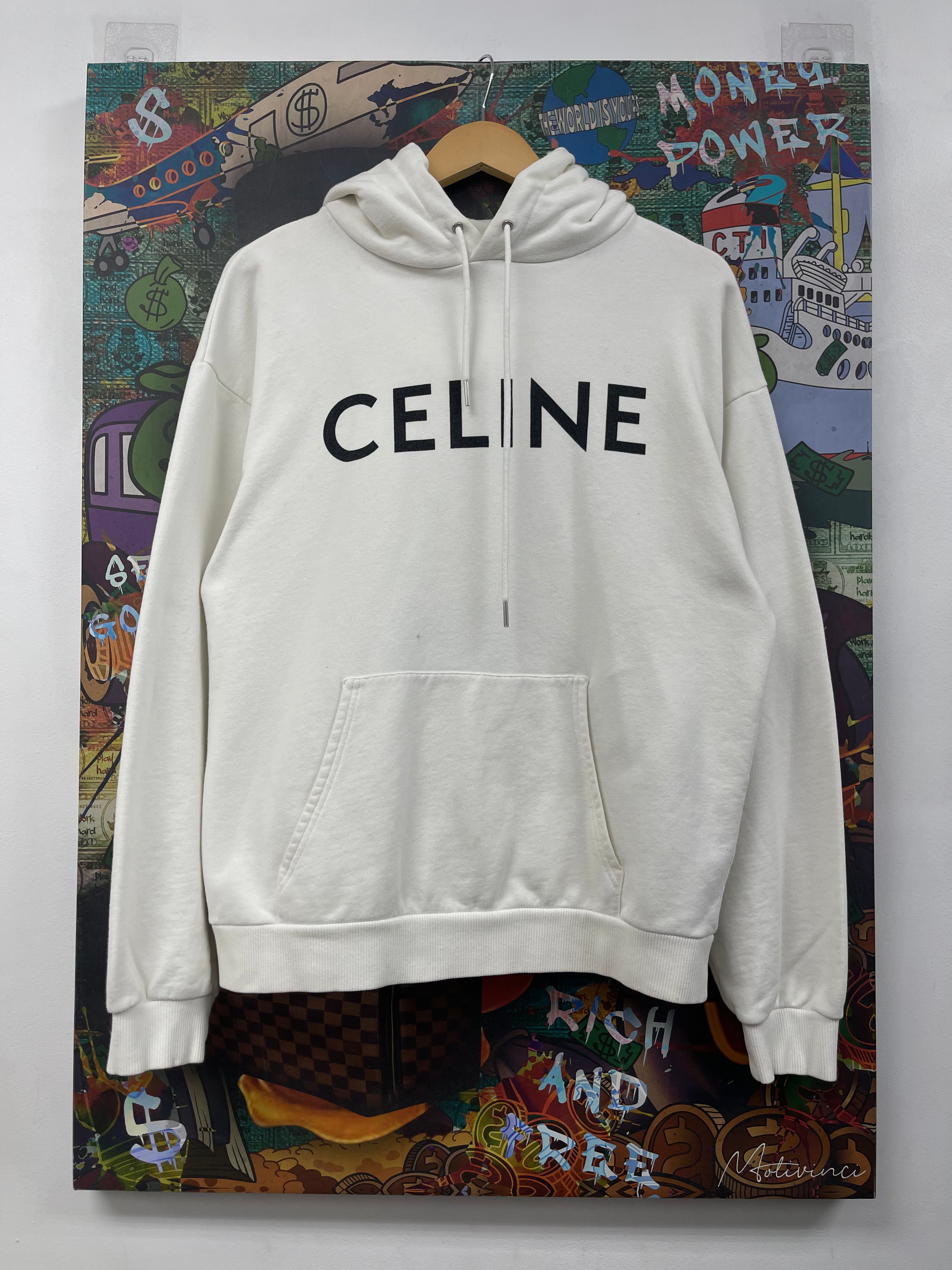 Celine White Black Chest Logo Hoodie