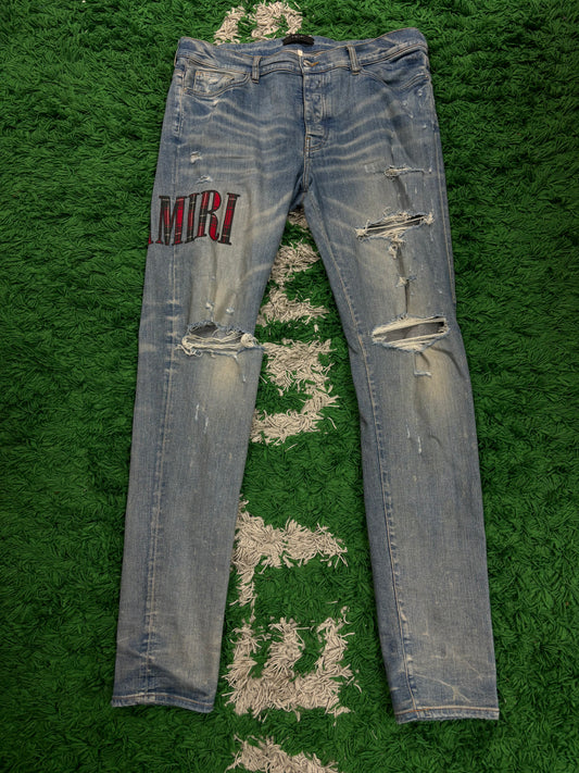 Amiri Jeans Light Wash Red Plaid Side Logo Used 38 N/A