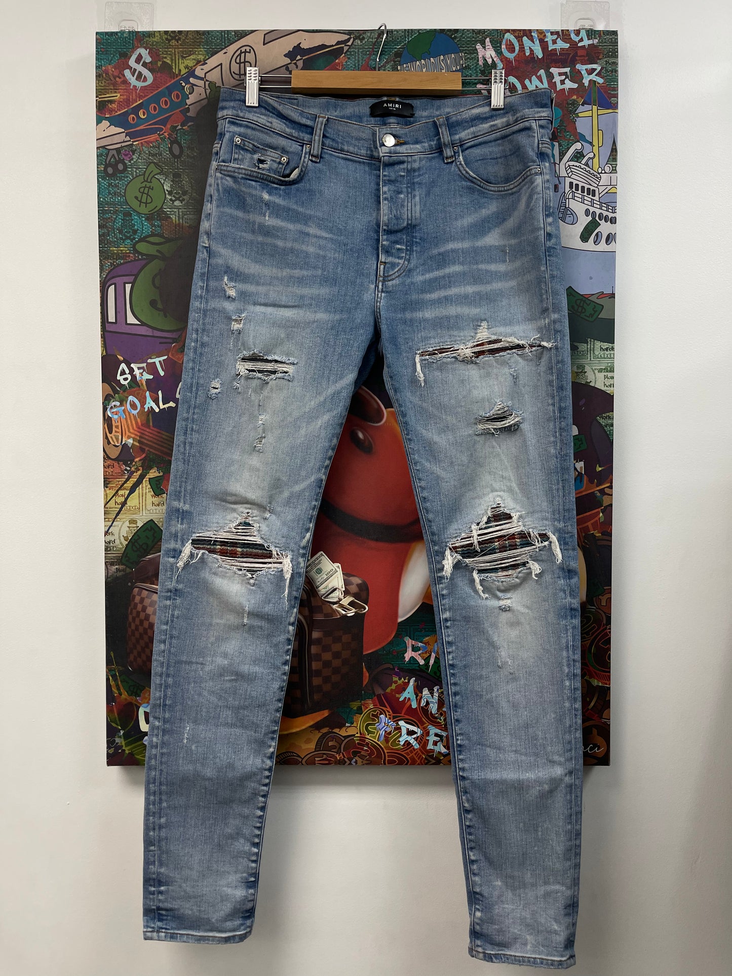 Amiri Light Wash Burgundy Blue Plaid Patch Jeans