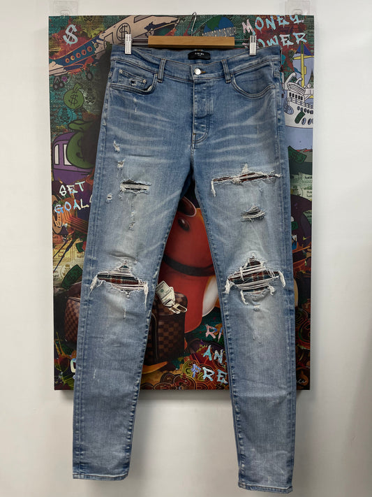 Amiri Light Wash Burgundy Blue Plaid Patch Jeans