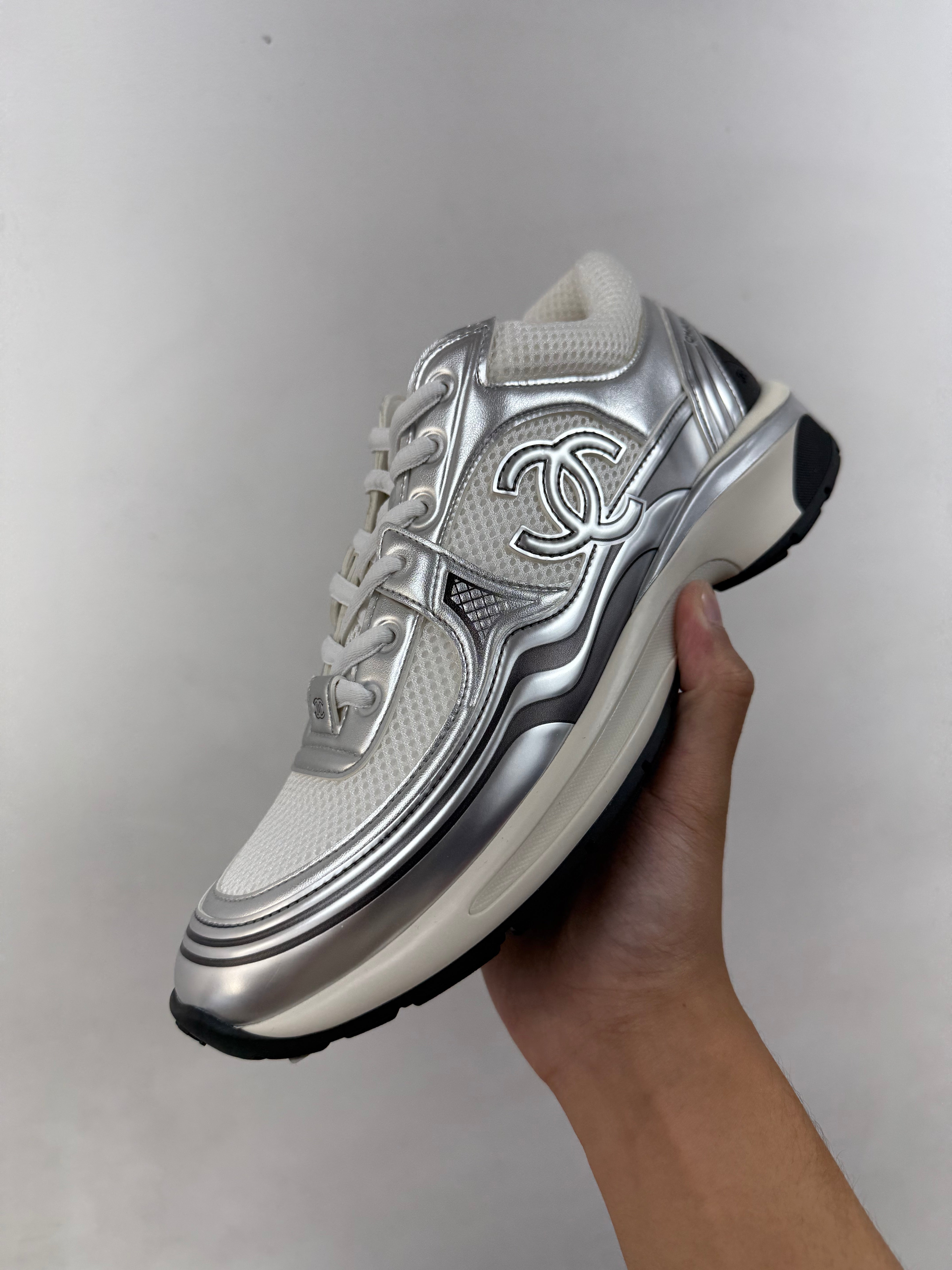 Chanel Silver Metallic CC Logo Sneakers