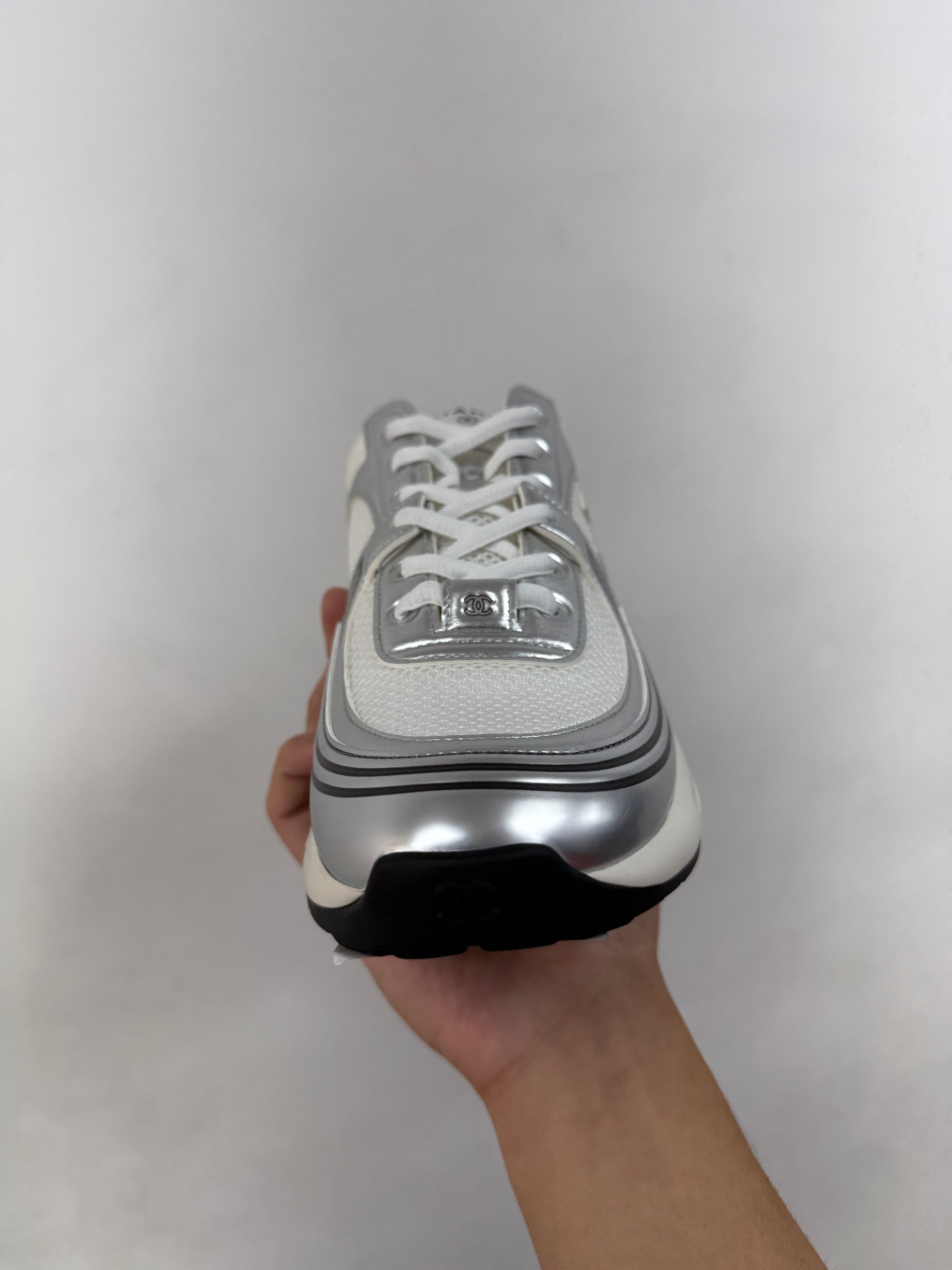 Chanel Silver Metallic CC Logo Sneakers