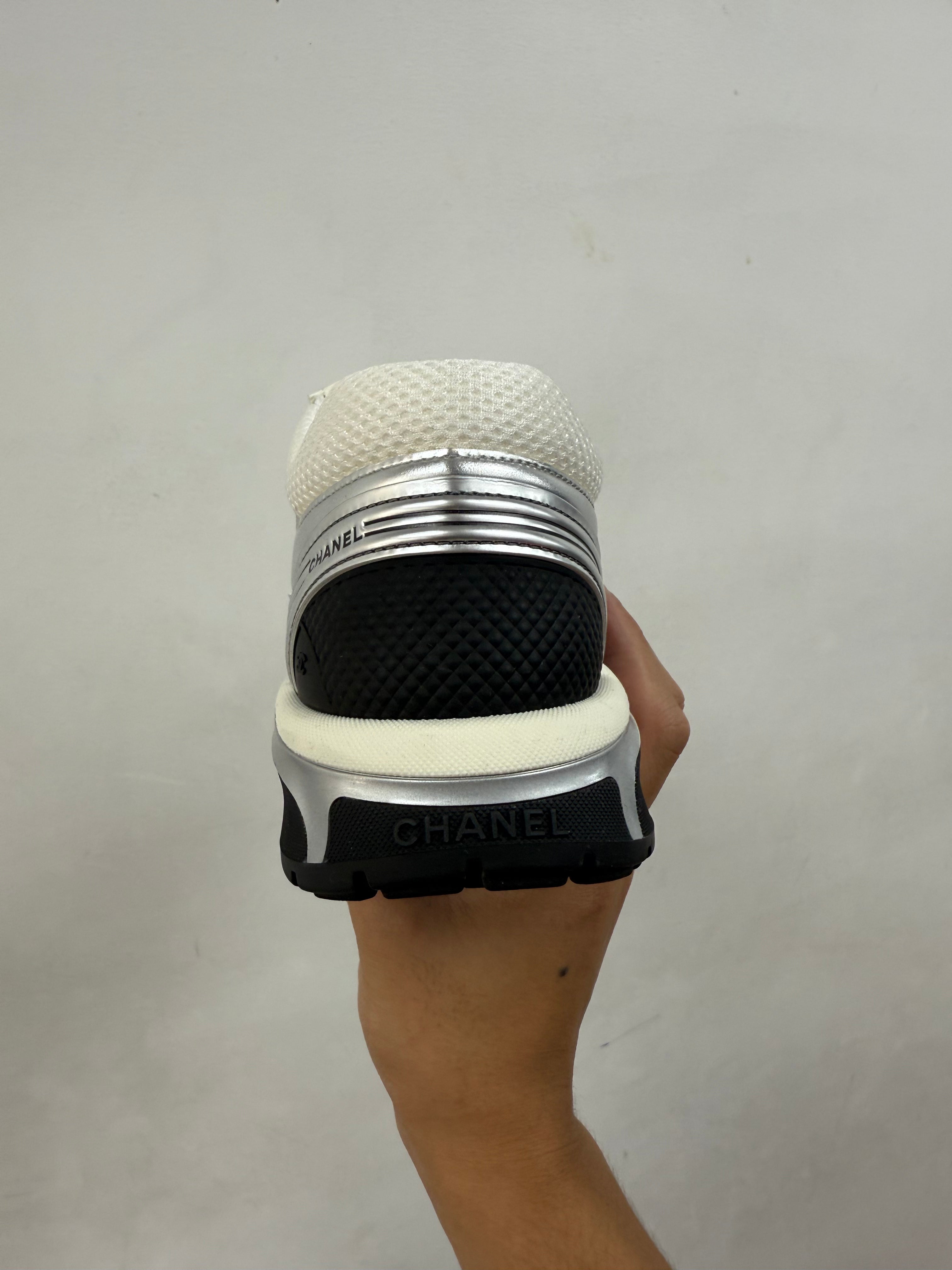 Chanel Silver Metallic CC Logo Sneakers