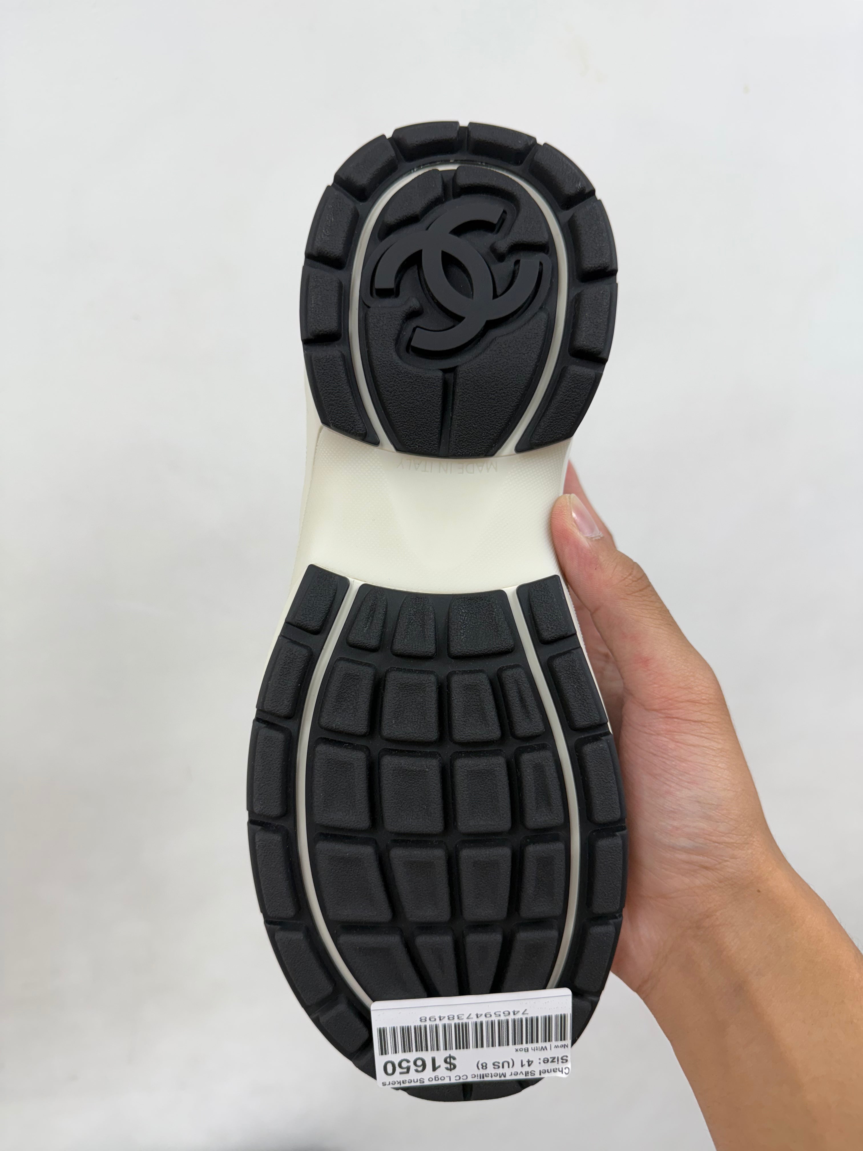 Chanel Silver Metallic CC Logo Sneakers