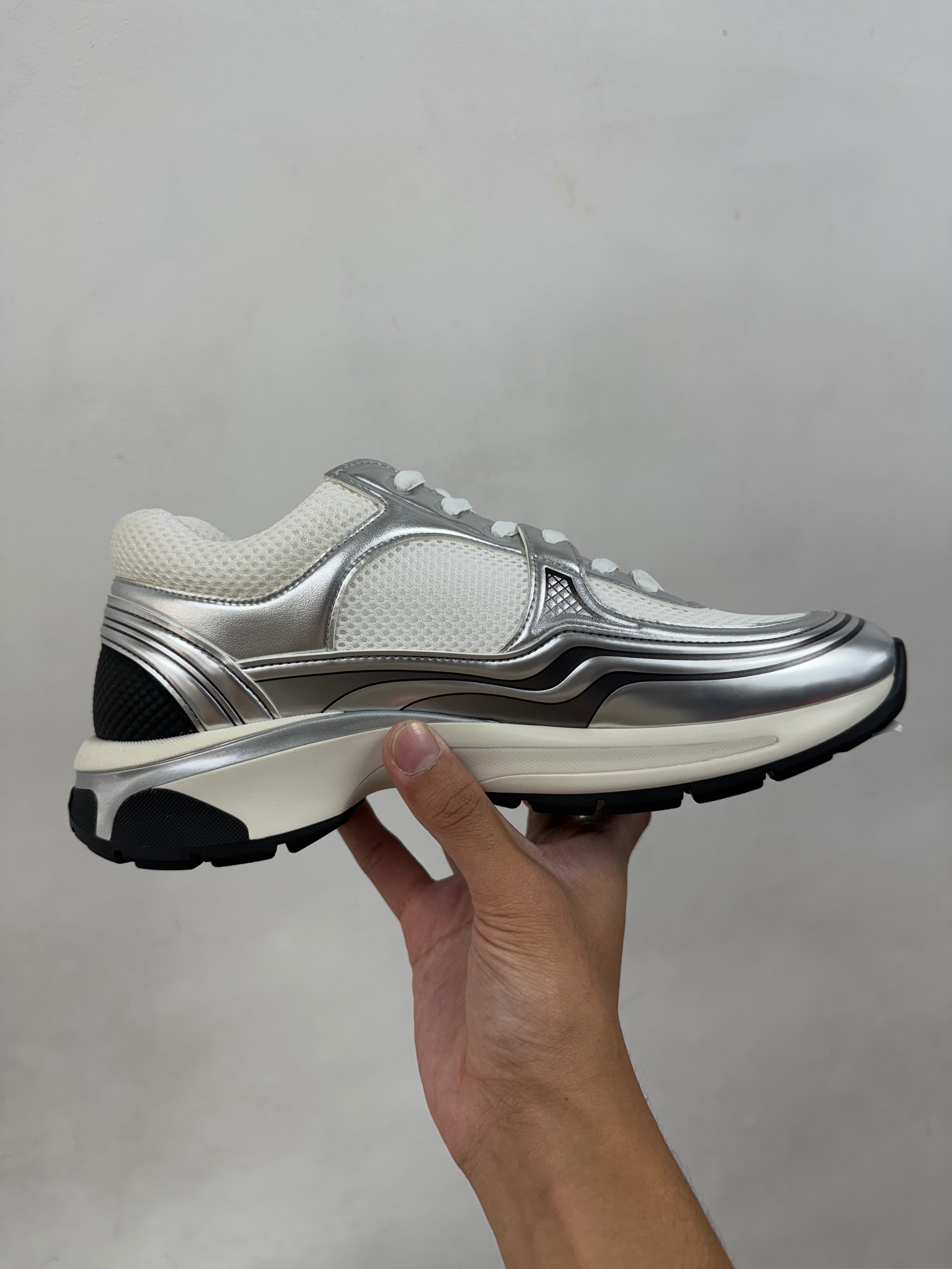 Chanel Silver Metallic CC Logo Sneakers