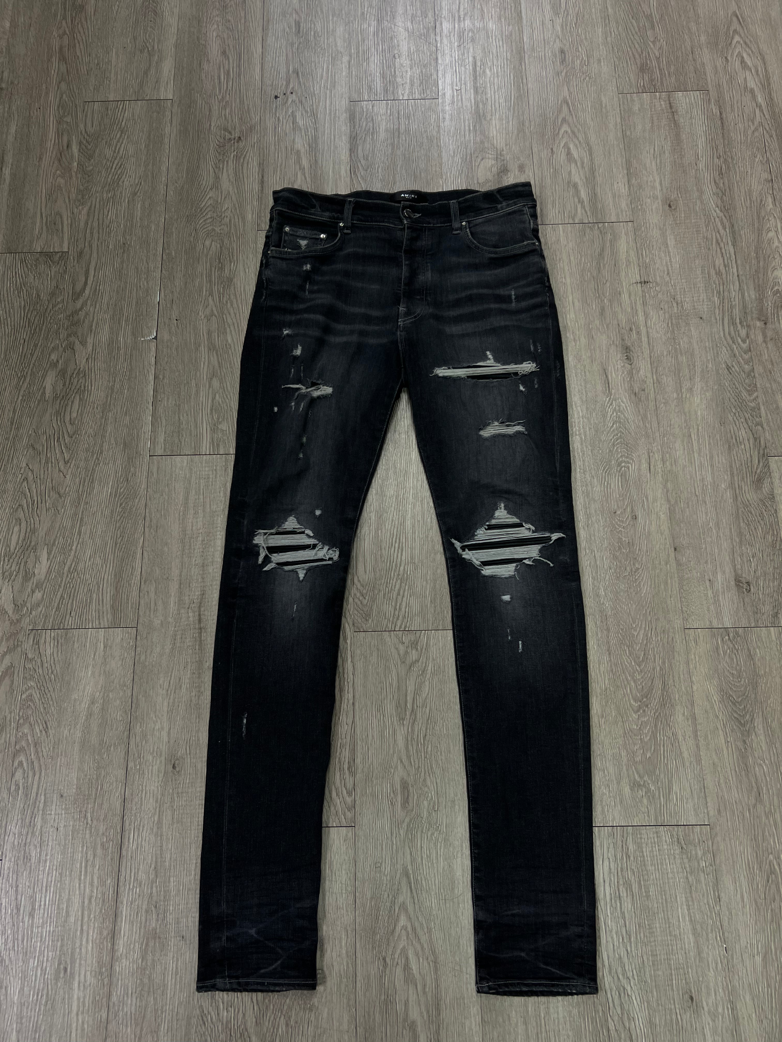 Amiri MX1 Grey Black Leather Patch Jeans