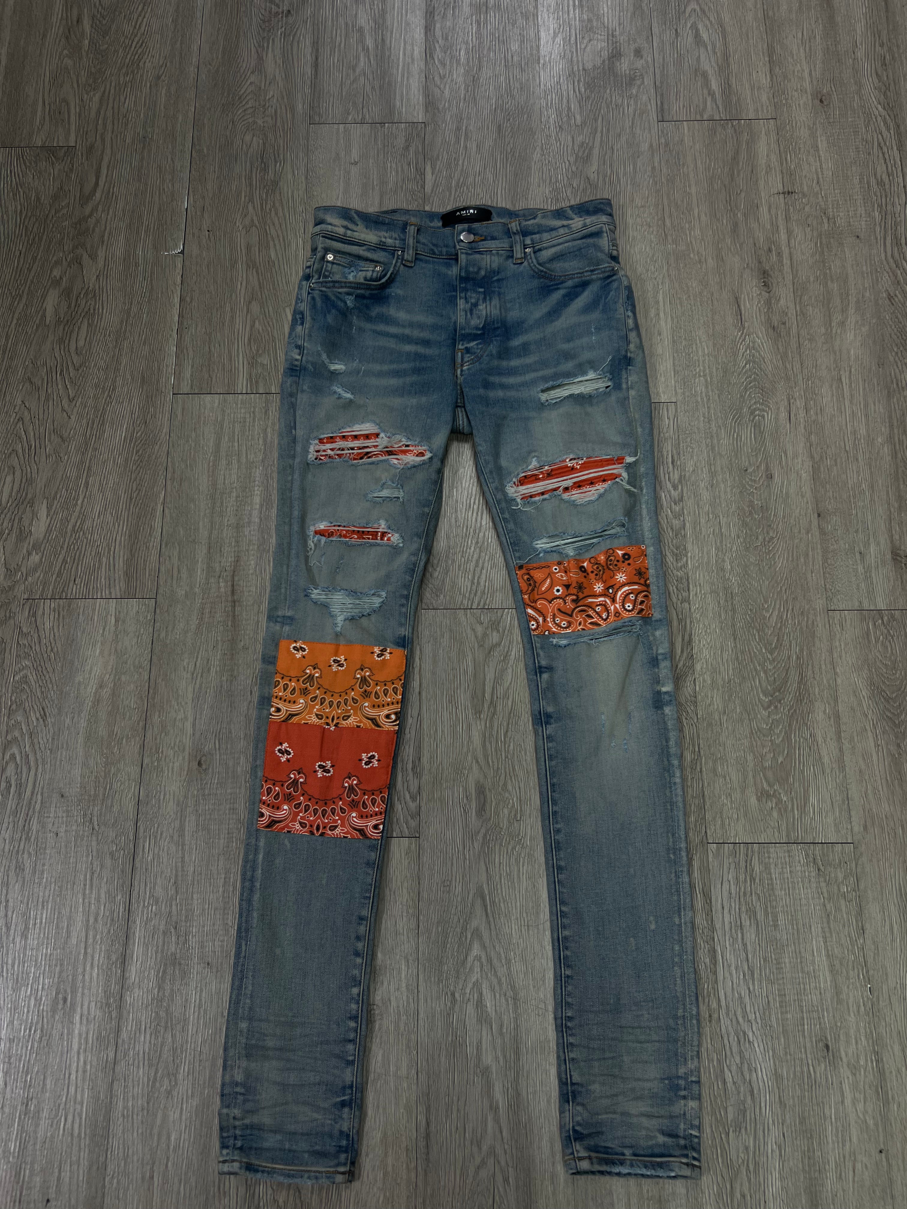 Amiri Light Wash Orange Bandana Patchwork Jeans