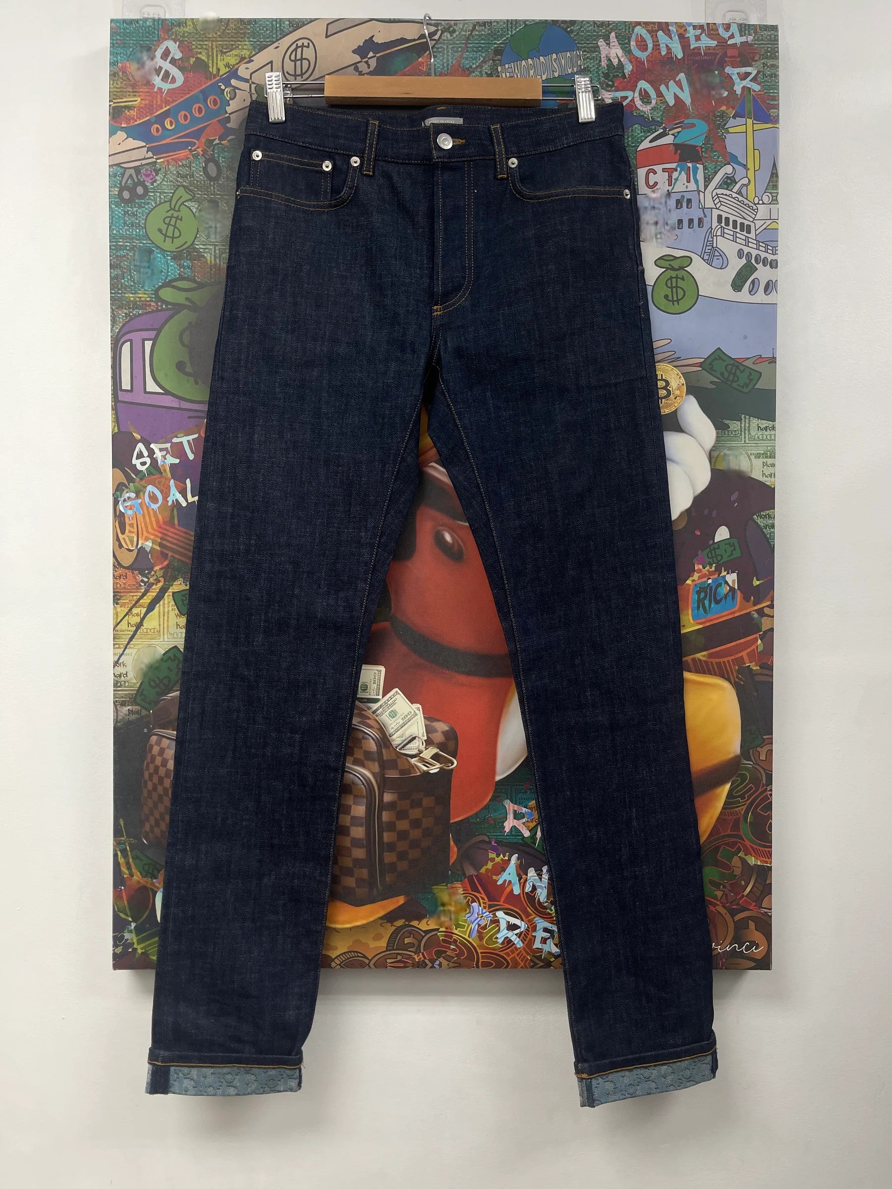 Dior "Oblique Cuff Logo" Navy Selvedge & Blue Jeans