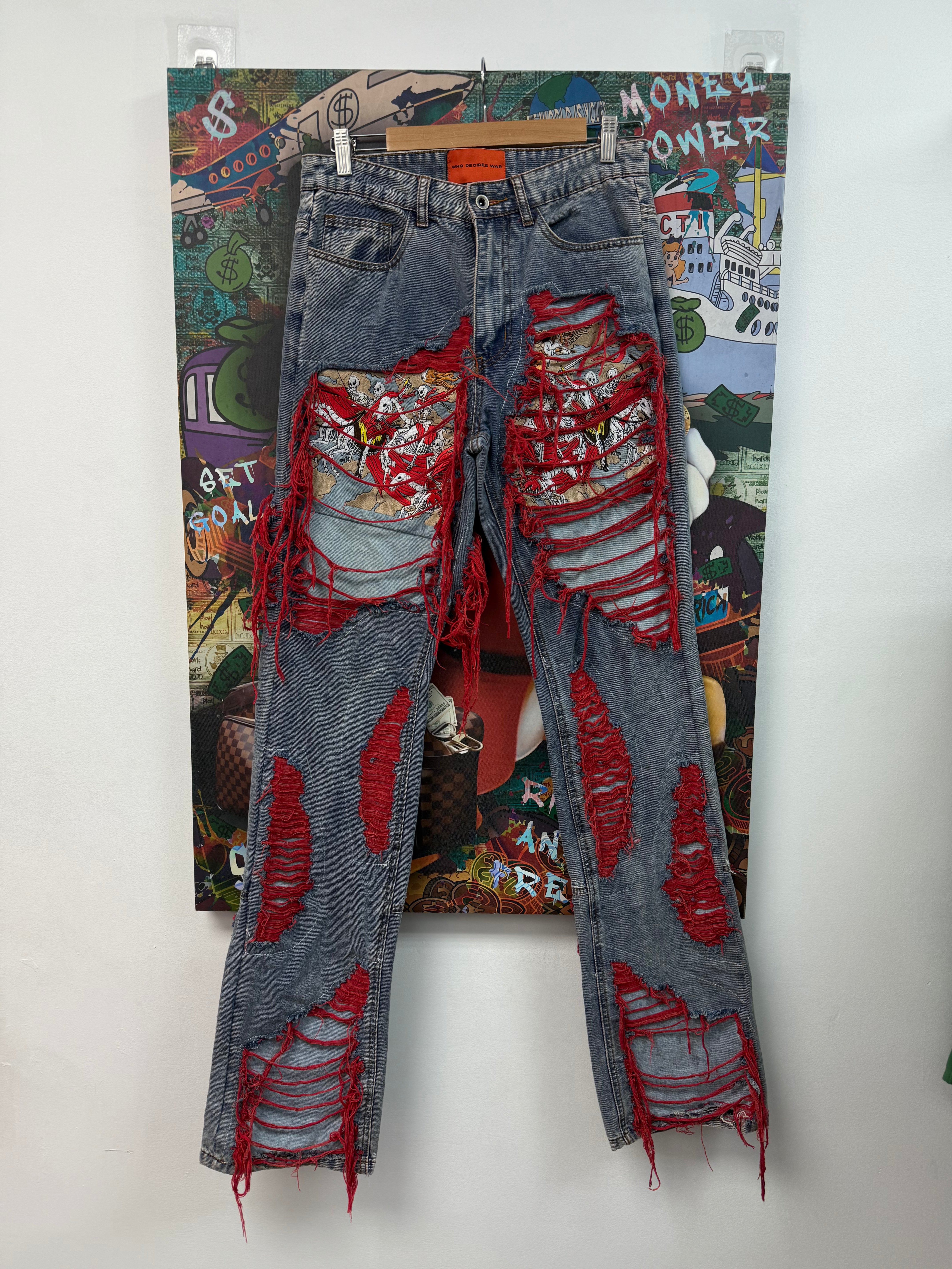Who Decides War Light Wash Red Skeleton Jeans