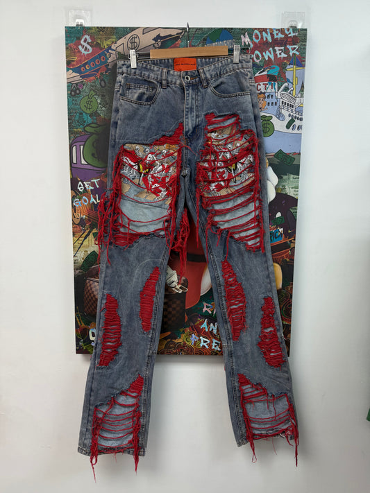 Who Decides War Light Wash Red Skeleton Jeans