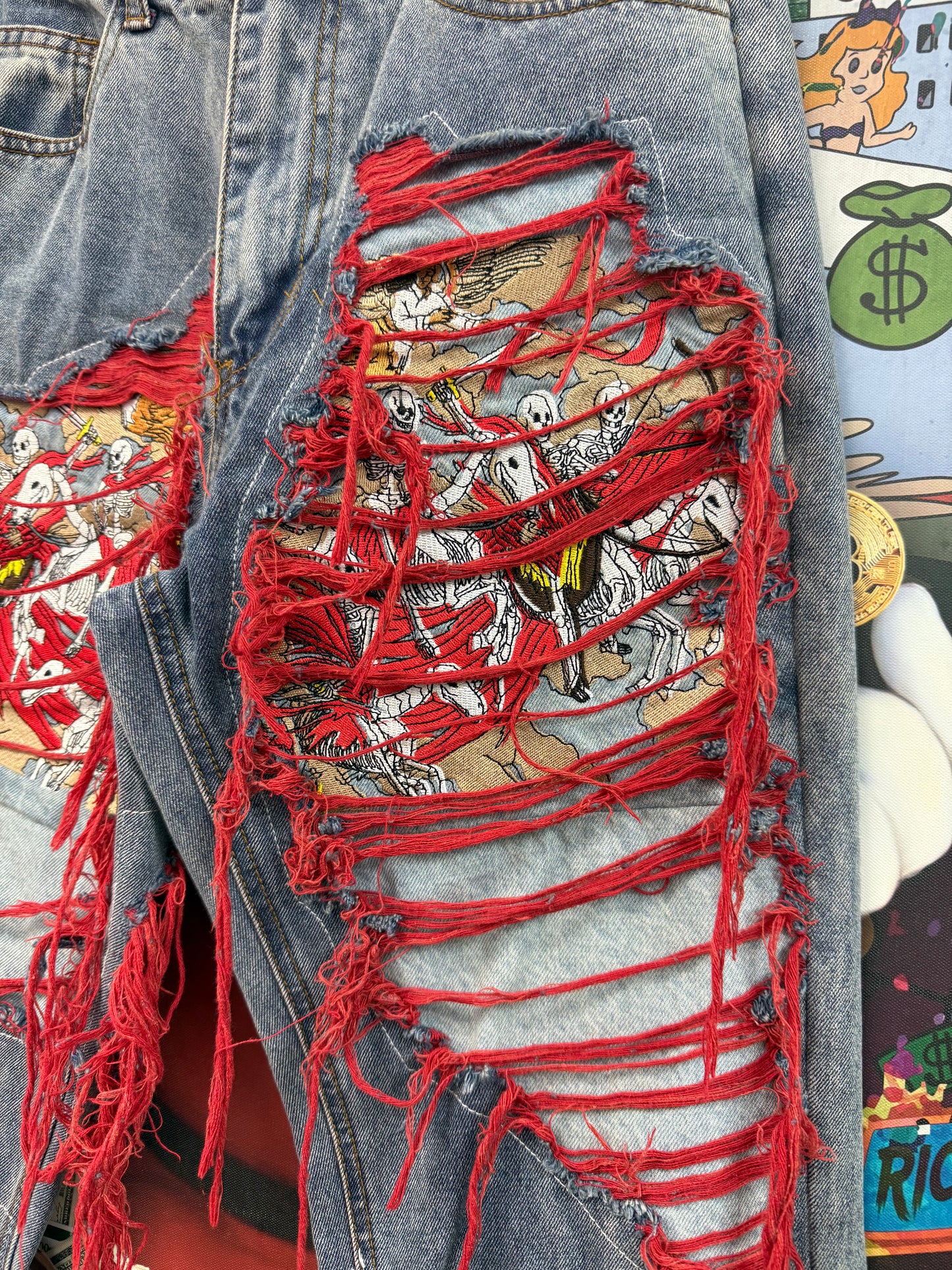 Who Decides War Light Wash Red Skeleton Jeans