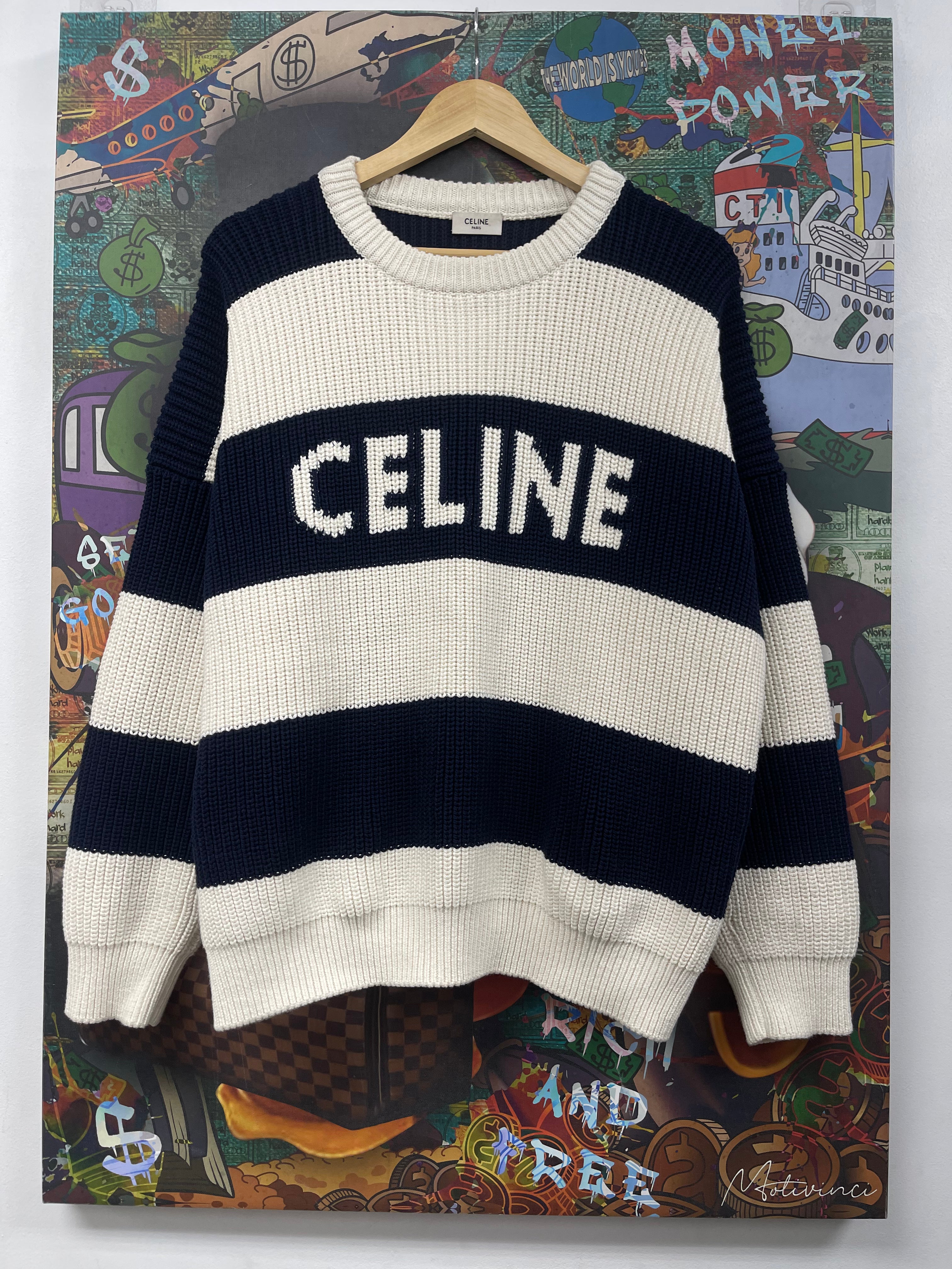 Celine Navy White Striped Logo Sweater
