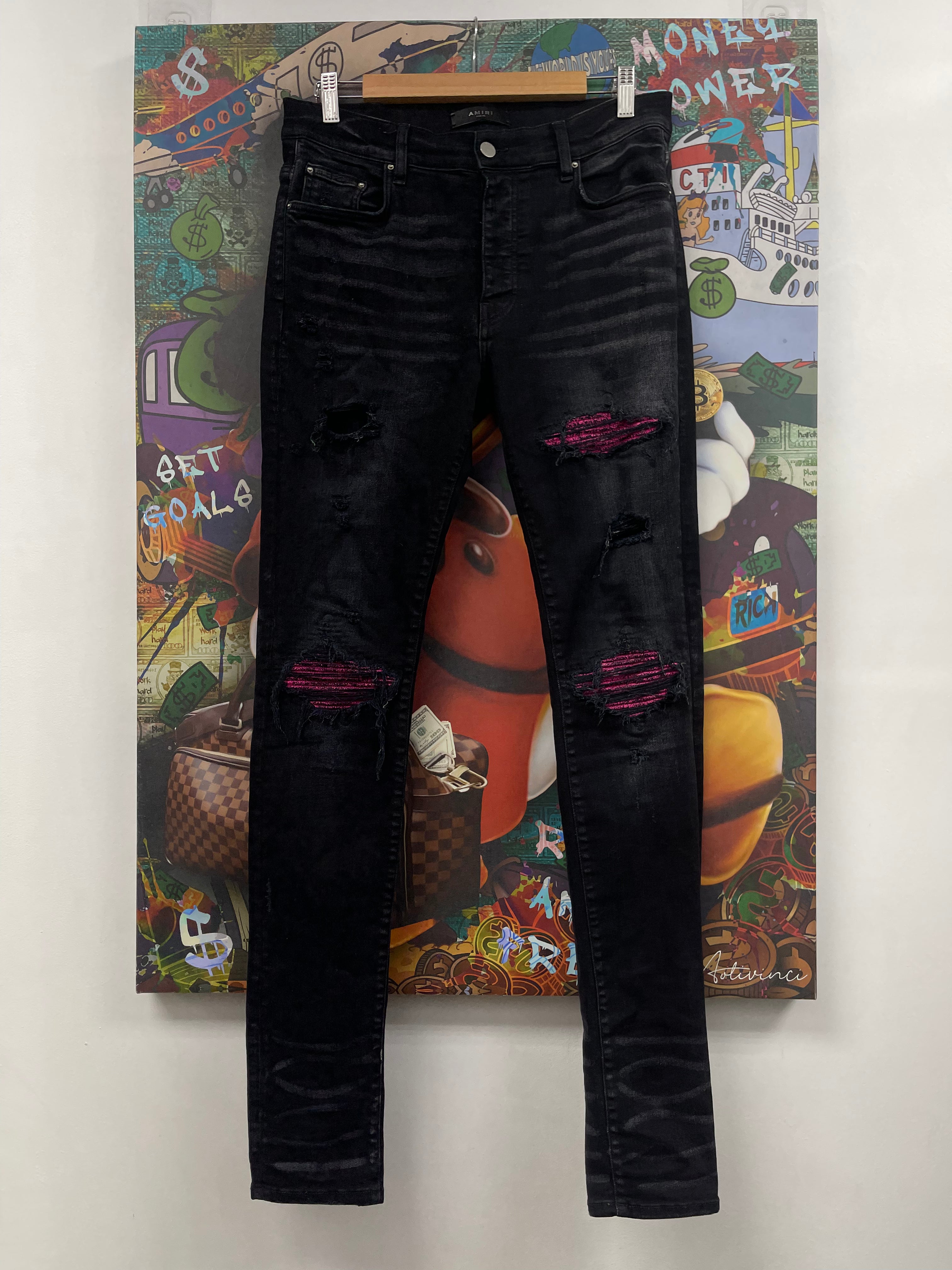 Amiri MX1 Black Wash Pink Crackle Patch Jeans