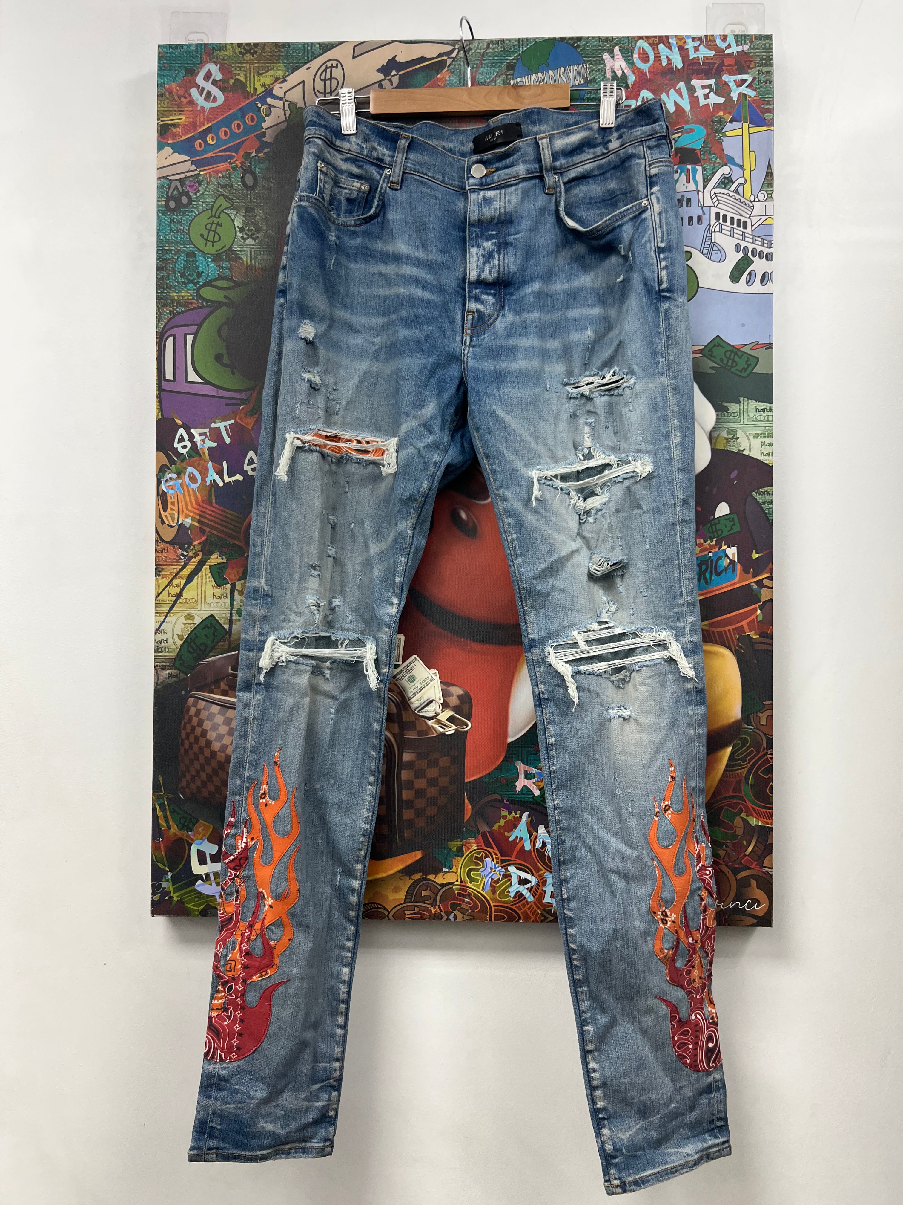 Amiri Light Wash Orange Paisley Flames Jeans