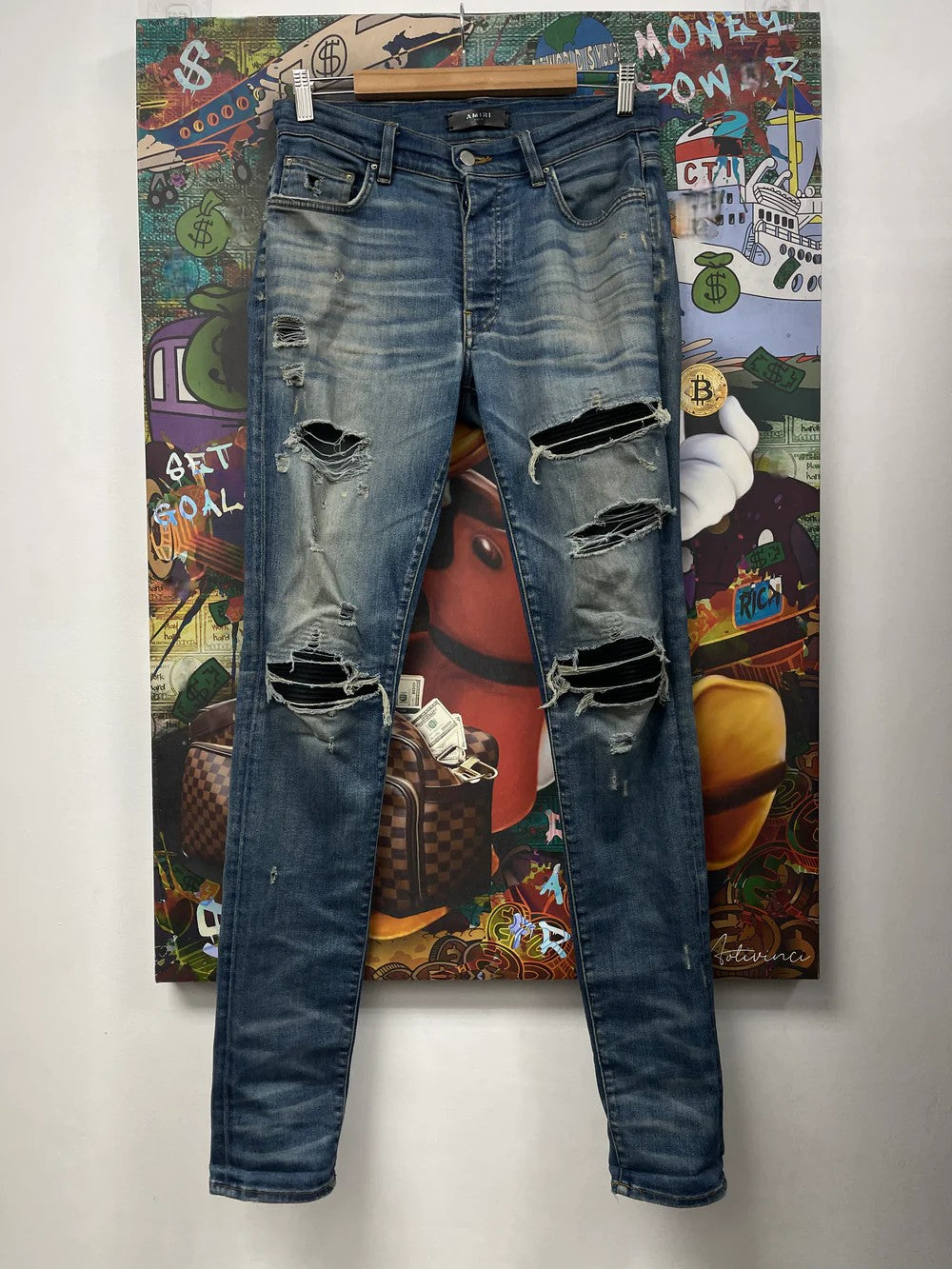 Amiri MX1 Suede Patch Navy Wash & Black Jeans