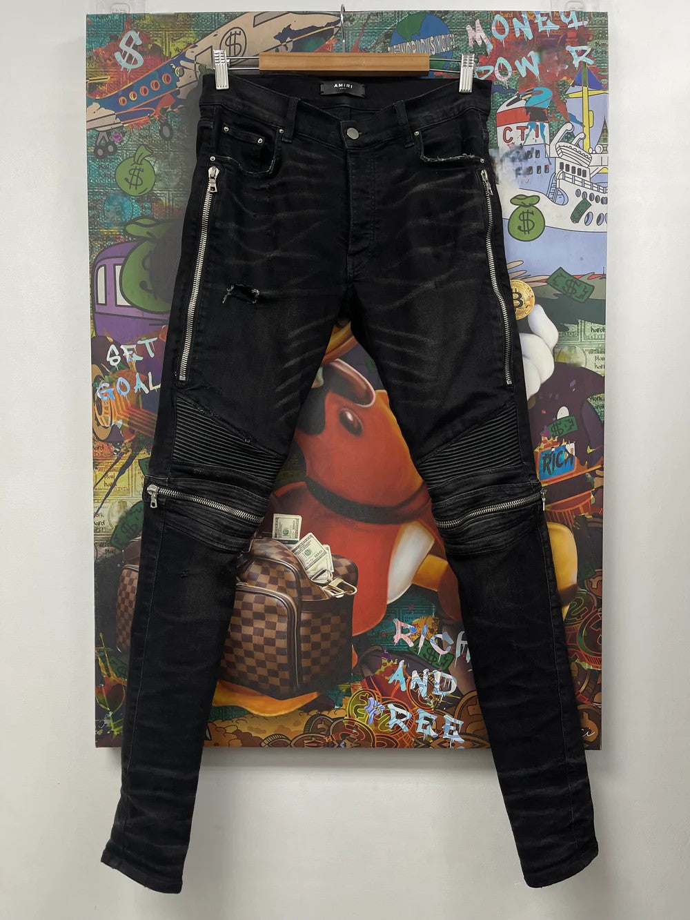 Amiri MX2 Black Leather Patch Black Jeans