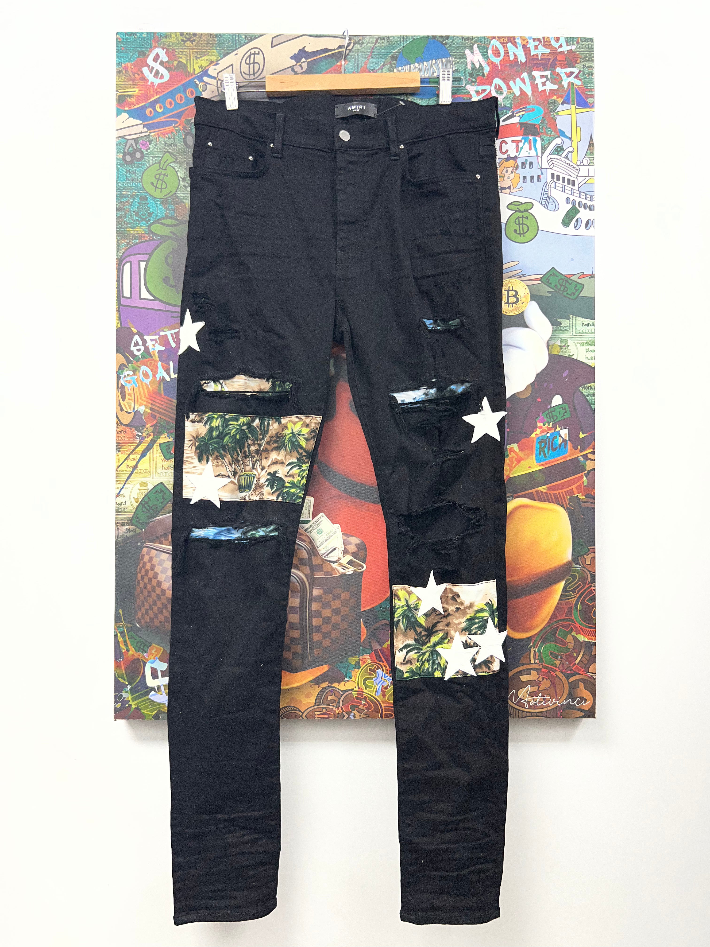 Amiri Black Aloha Star Patchwork Jeans