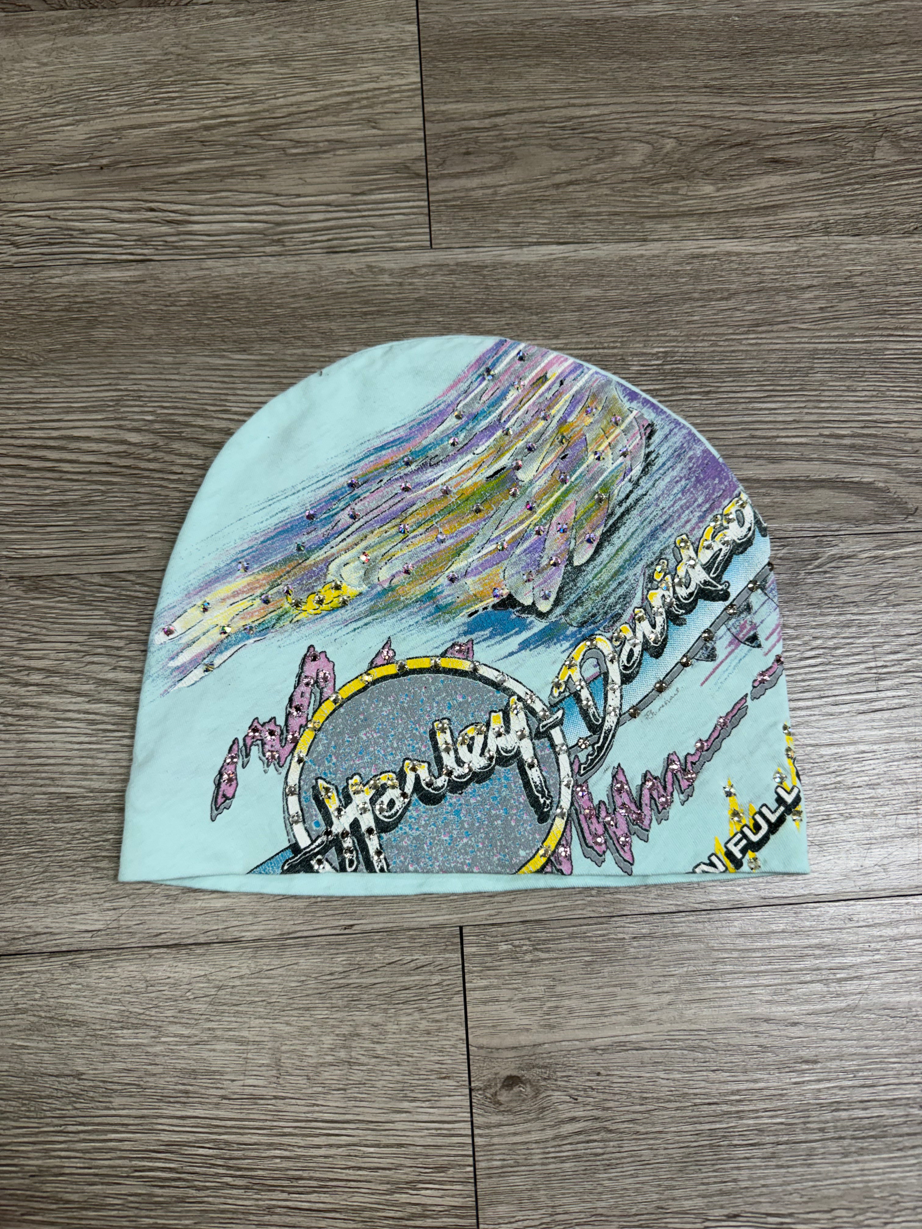 Bossi Baby Blue Harley Davidson In Full Color Rhinestone Beanie